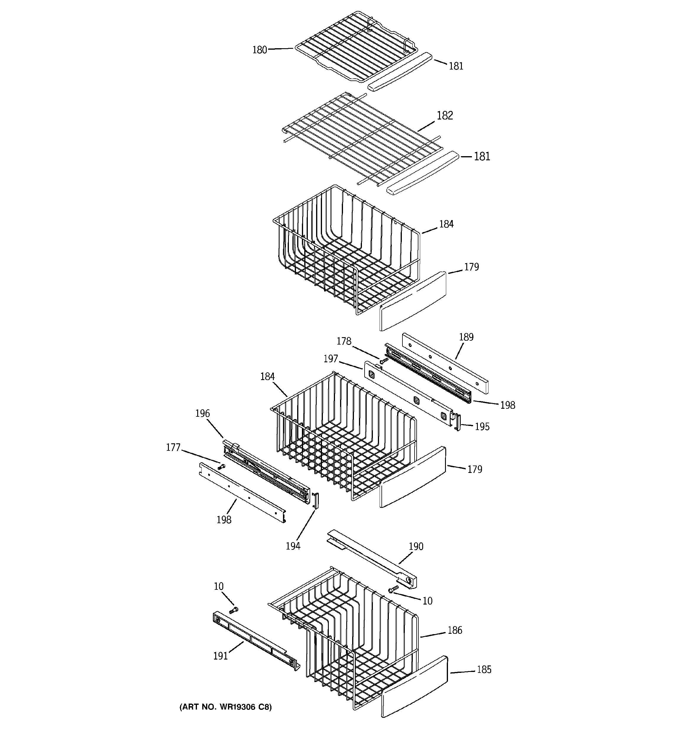 GE PCG23NHSBFBB freezer shelves diagram
