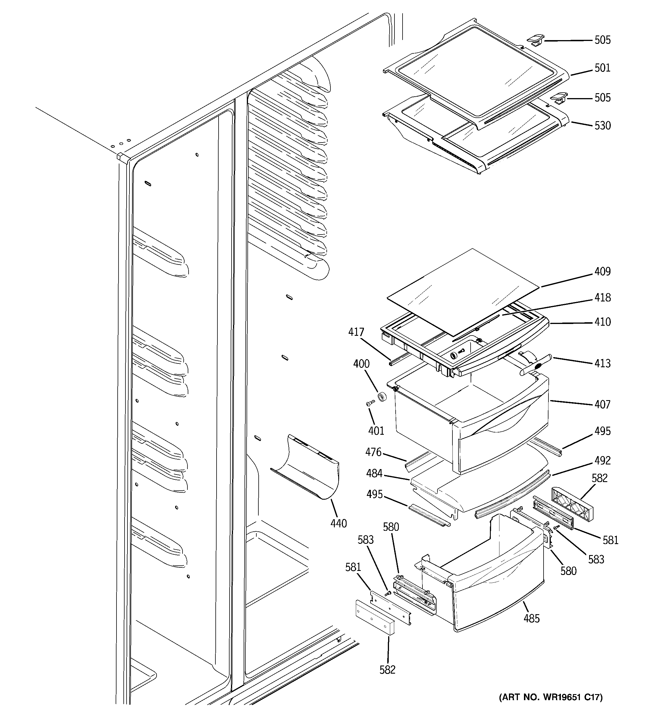 GE PCG23YESBFWW fresh food shelves diagram