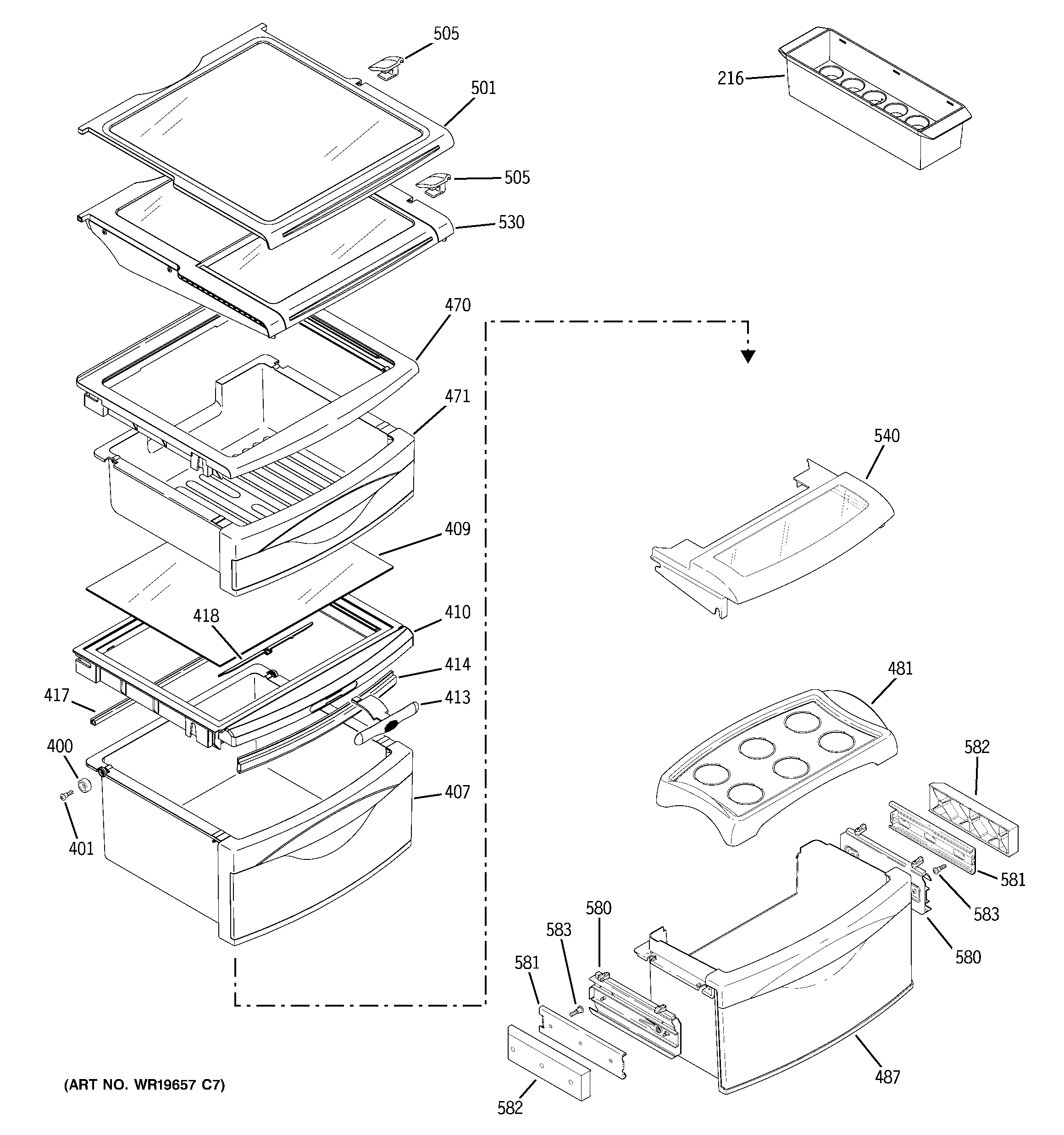 GE PSG25NGSBCWW fresh food shelves diagram