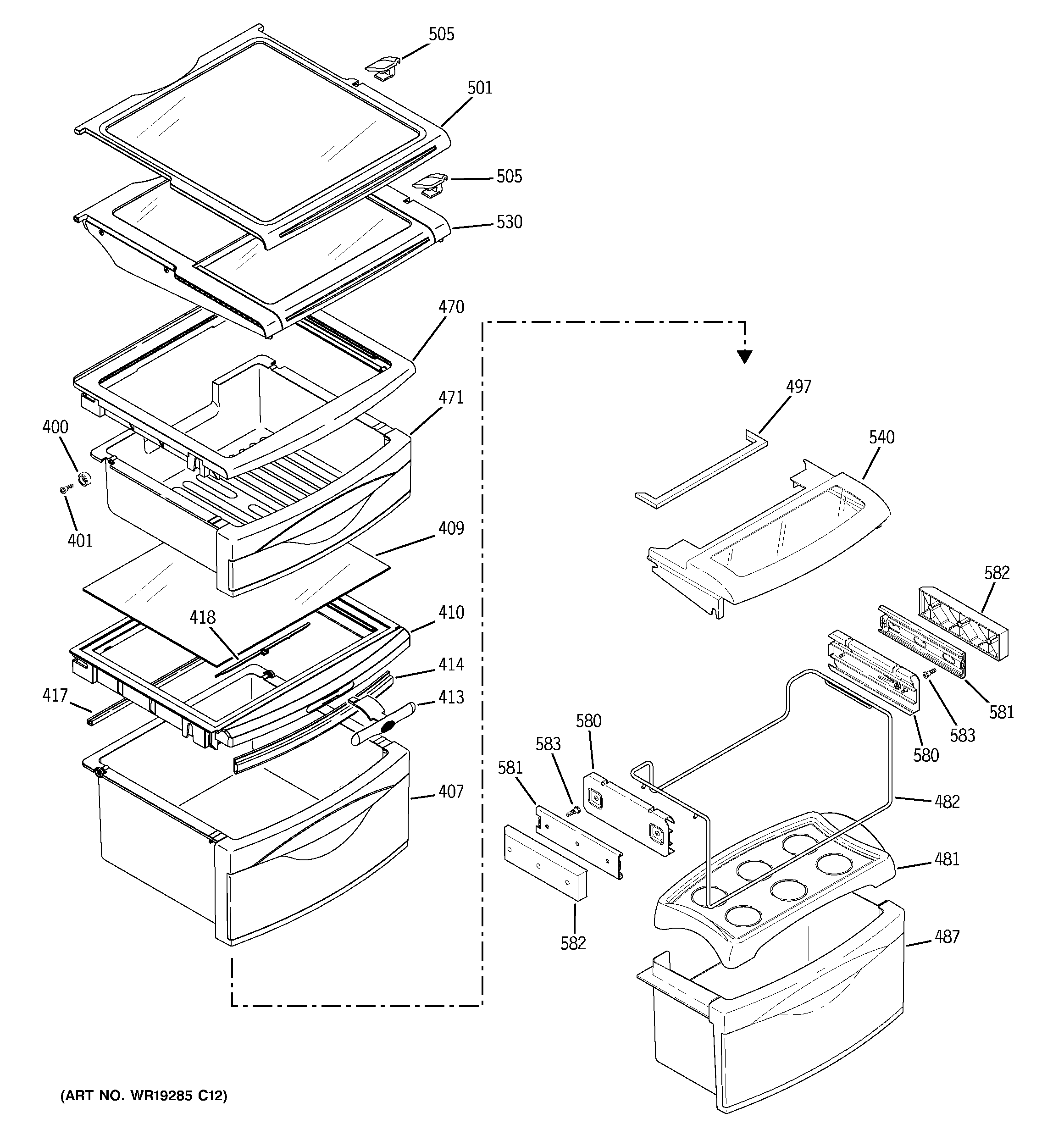 GE PSI23SGPABS fresh food shelves diagram