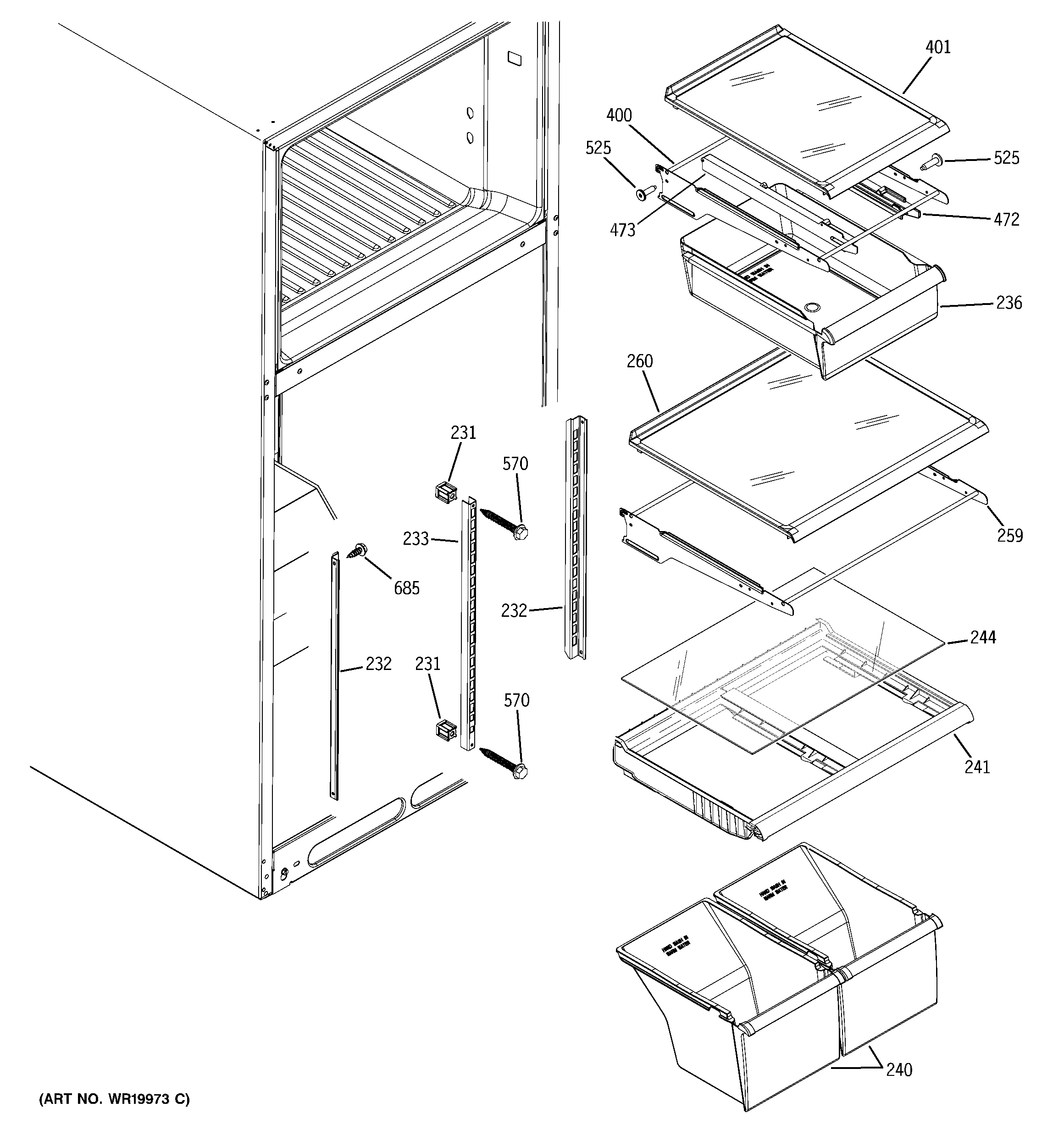GE GTH18JBRVRCC fresh food shelves diagram