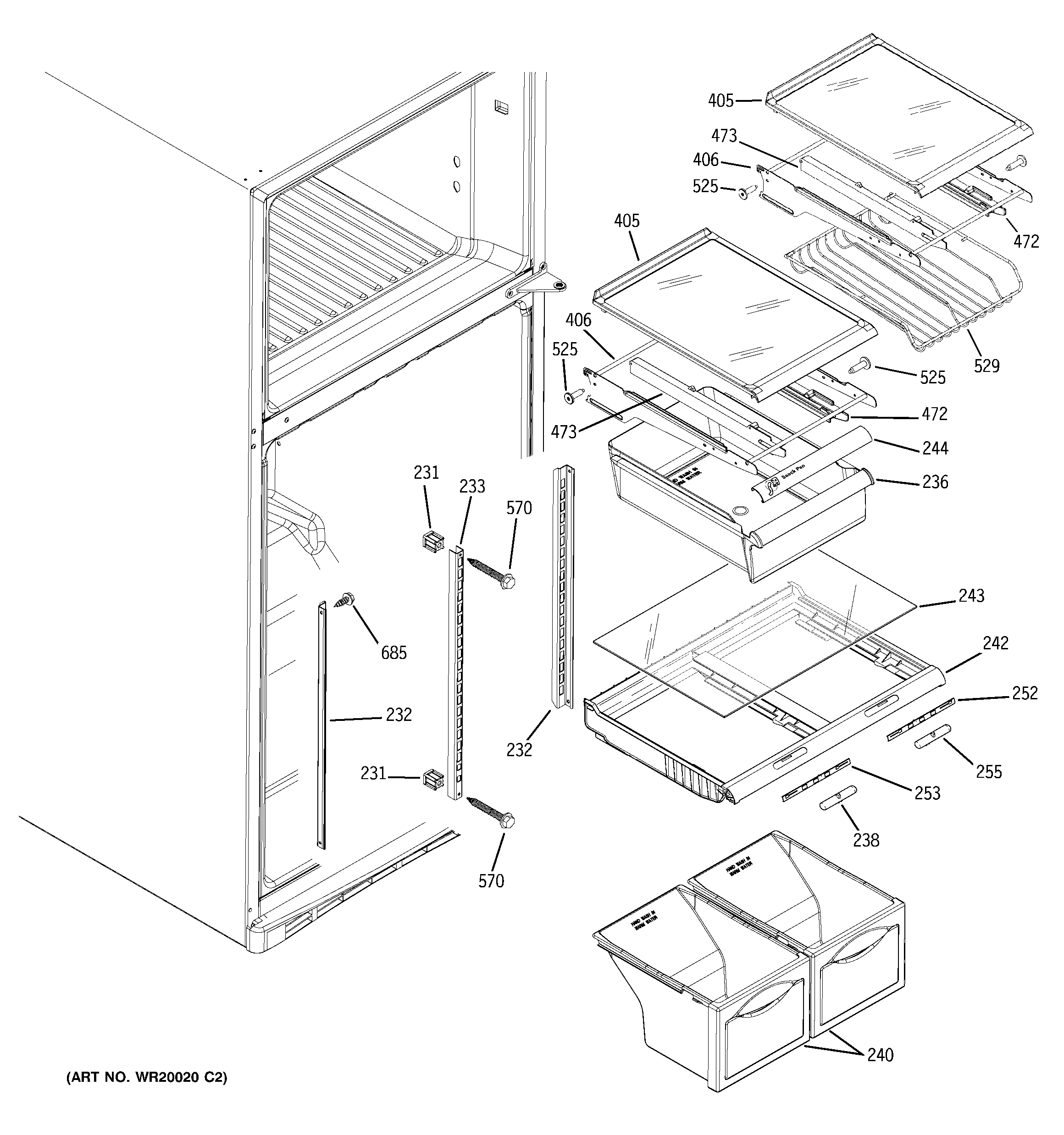 GE PTS18SBSURSS fresh food shelves diagram
