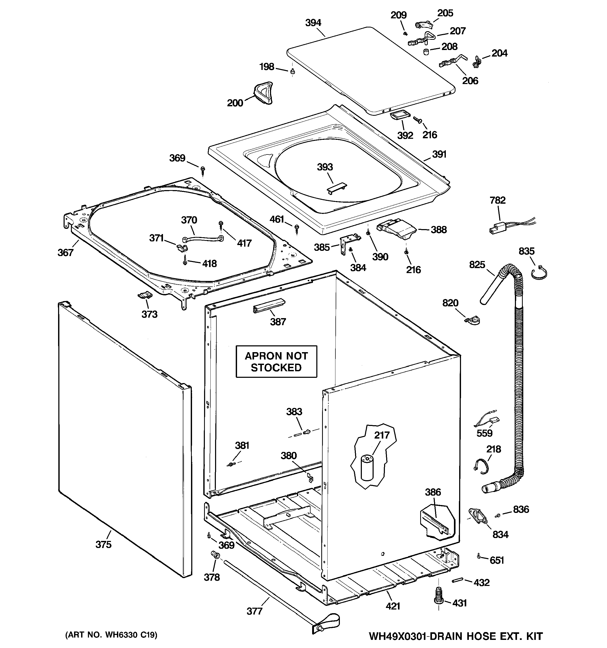 GE WLDSR416F1WC cabinet, cover & front panel diagram