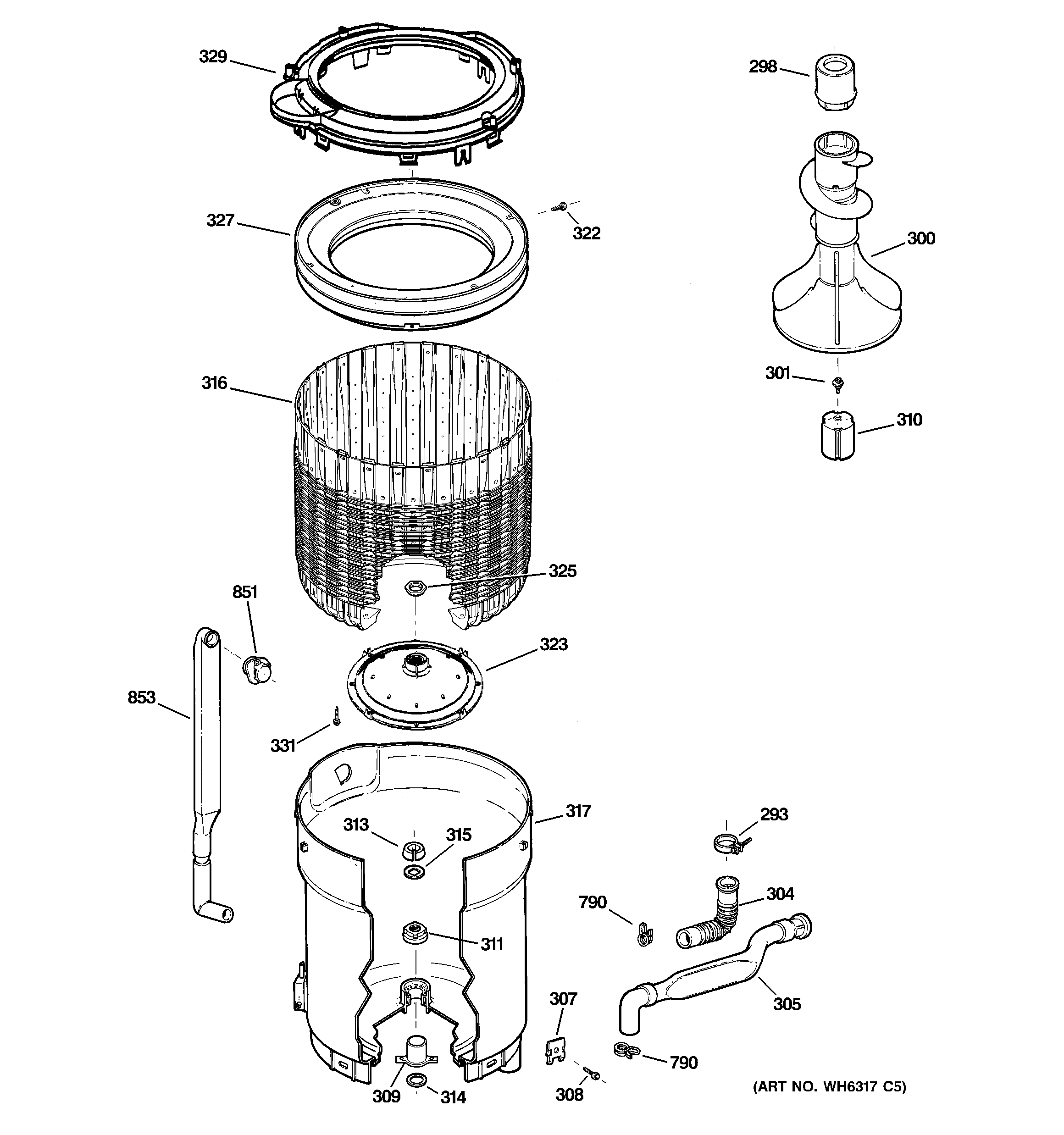 GE WLDSR416F1WC tub, basket & agitator diagram
