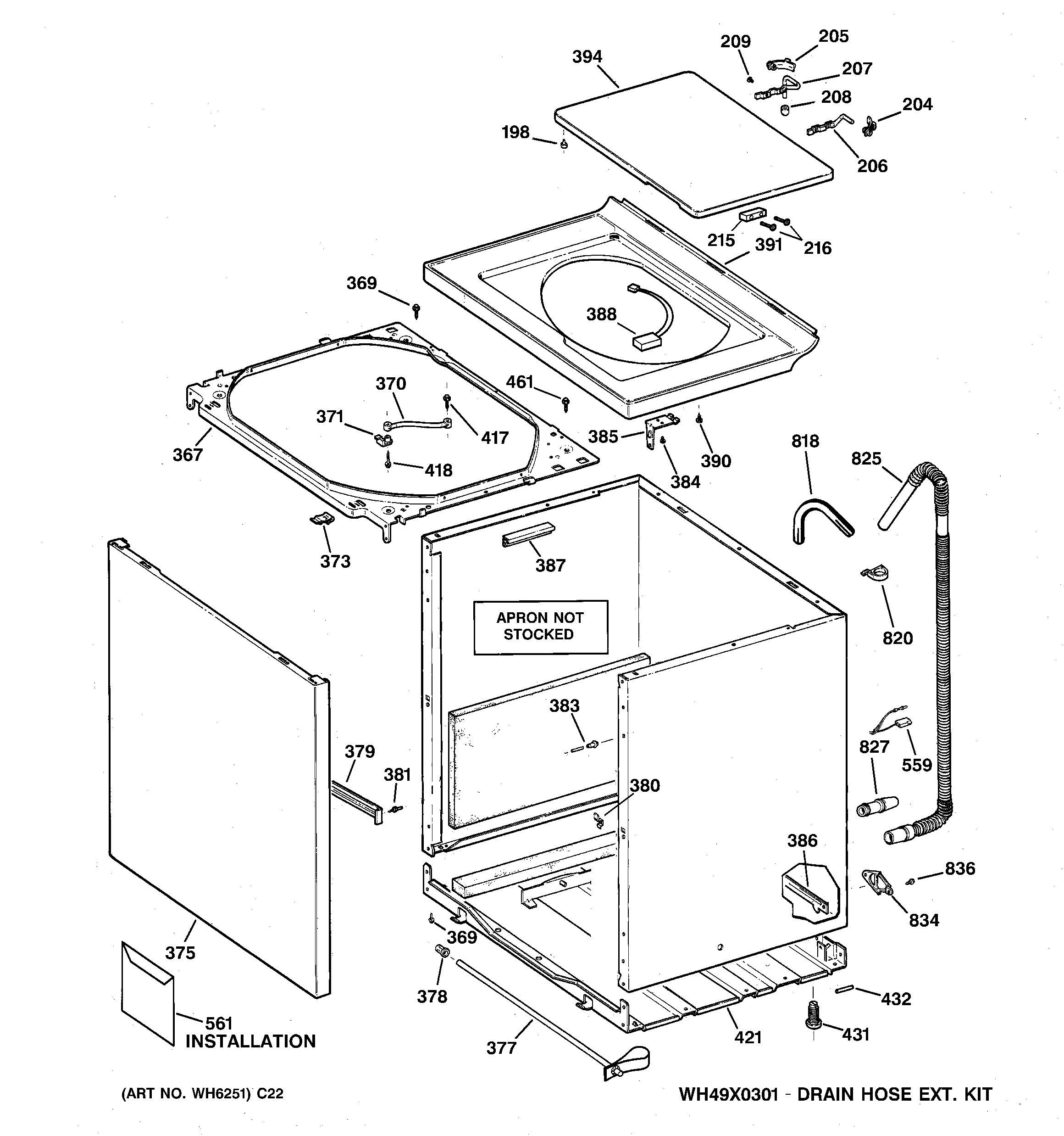 GE WNCK2050A1WC cabinet, cover & front panel diagram