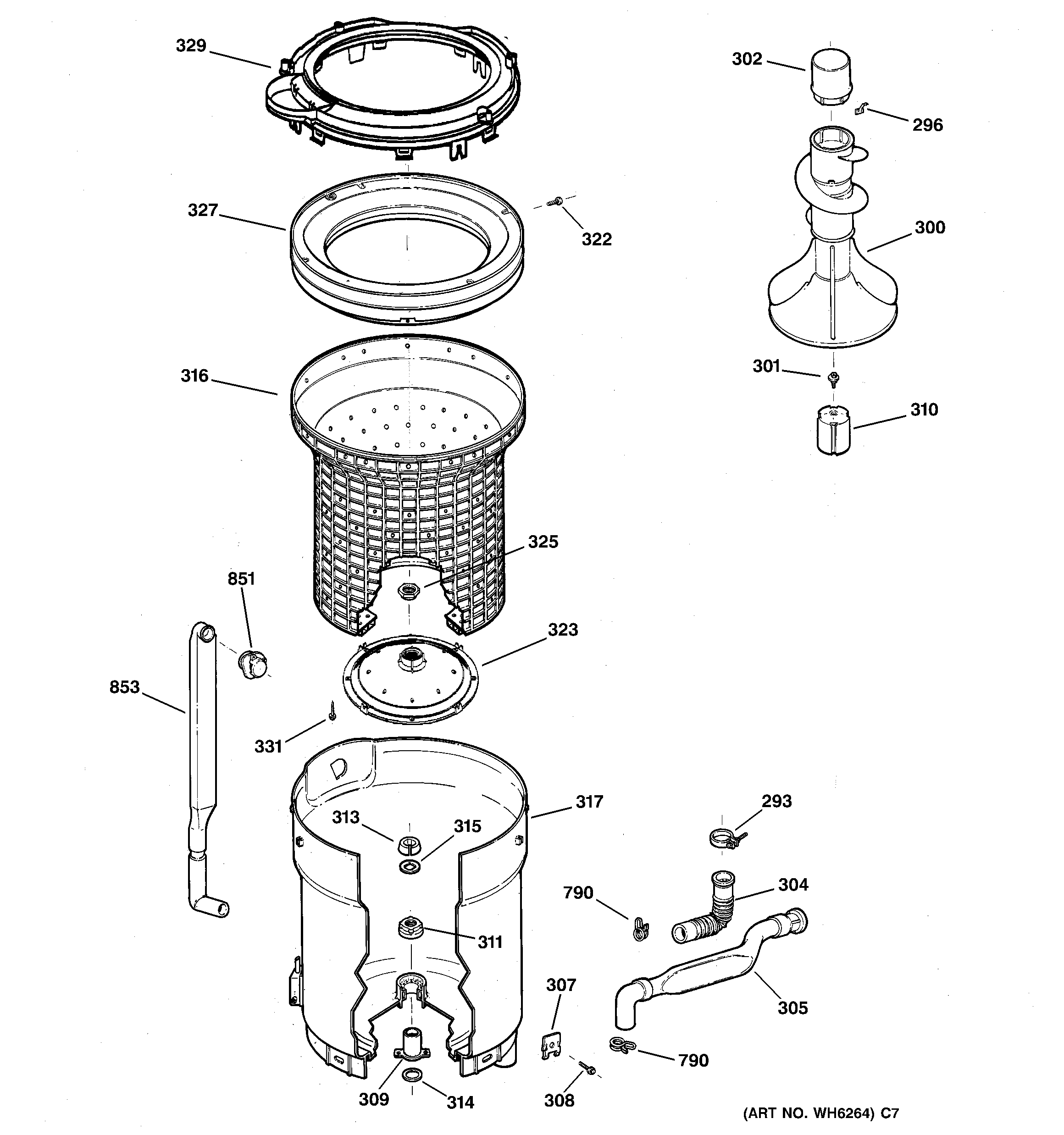 GE WNCK2050A1WC tub, basket & agitator diagram