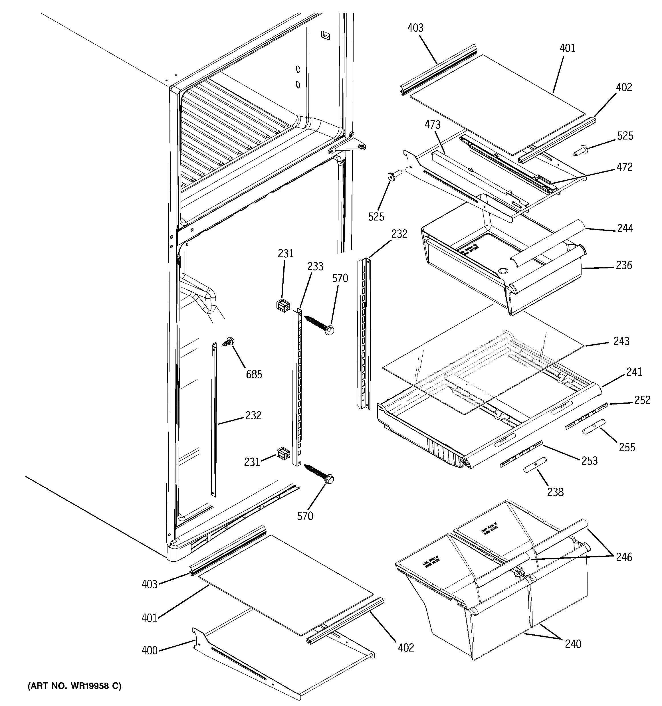 GE DTS18ZBRURWW fresh food shelves diagram