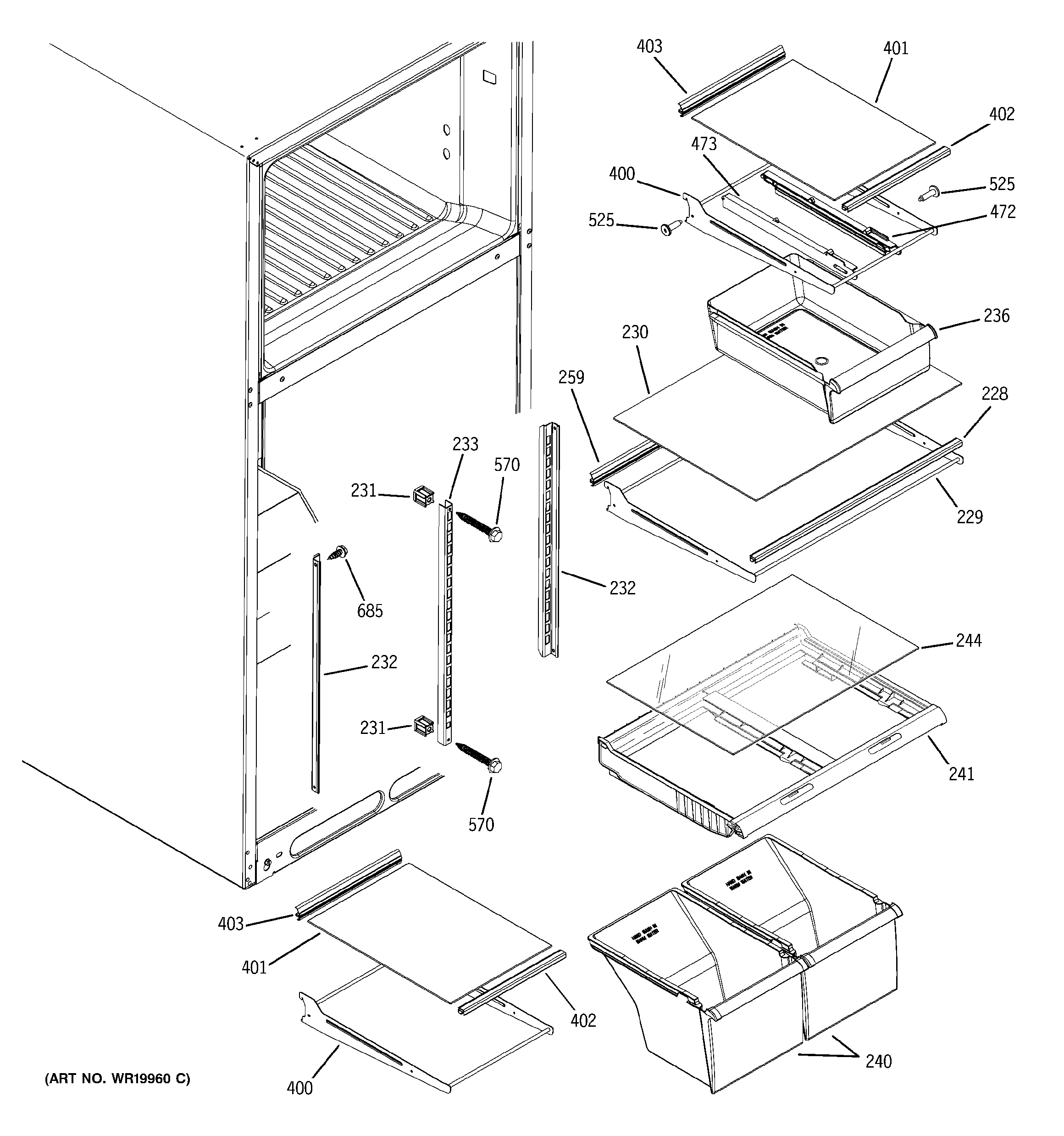 GE DTS18ICRURBB fresh food shelves diagram