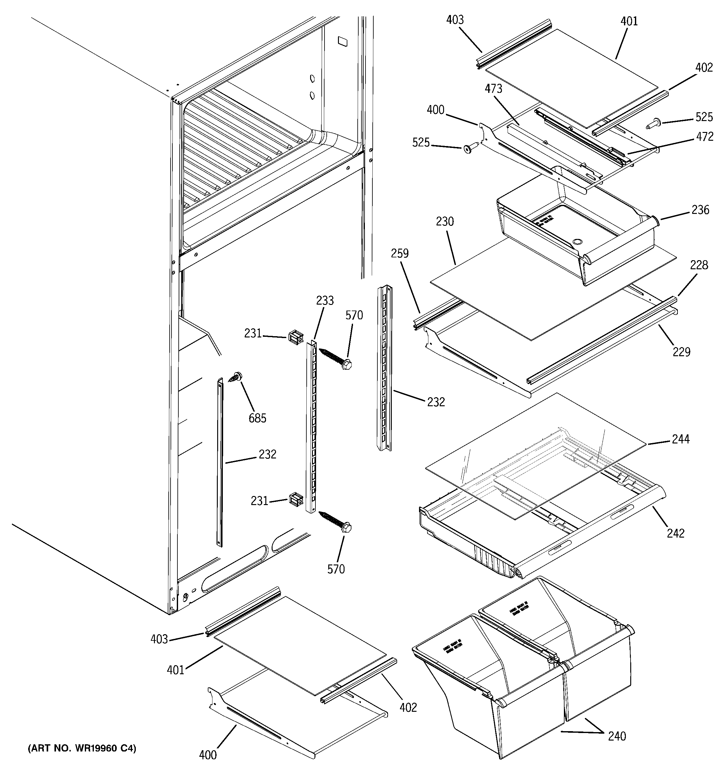 GE GTS18IBRJRBB fresh food shelves diagram