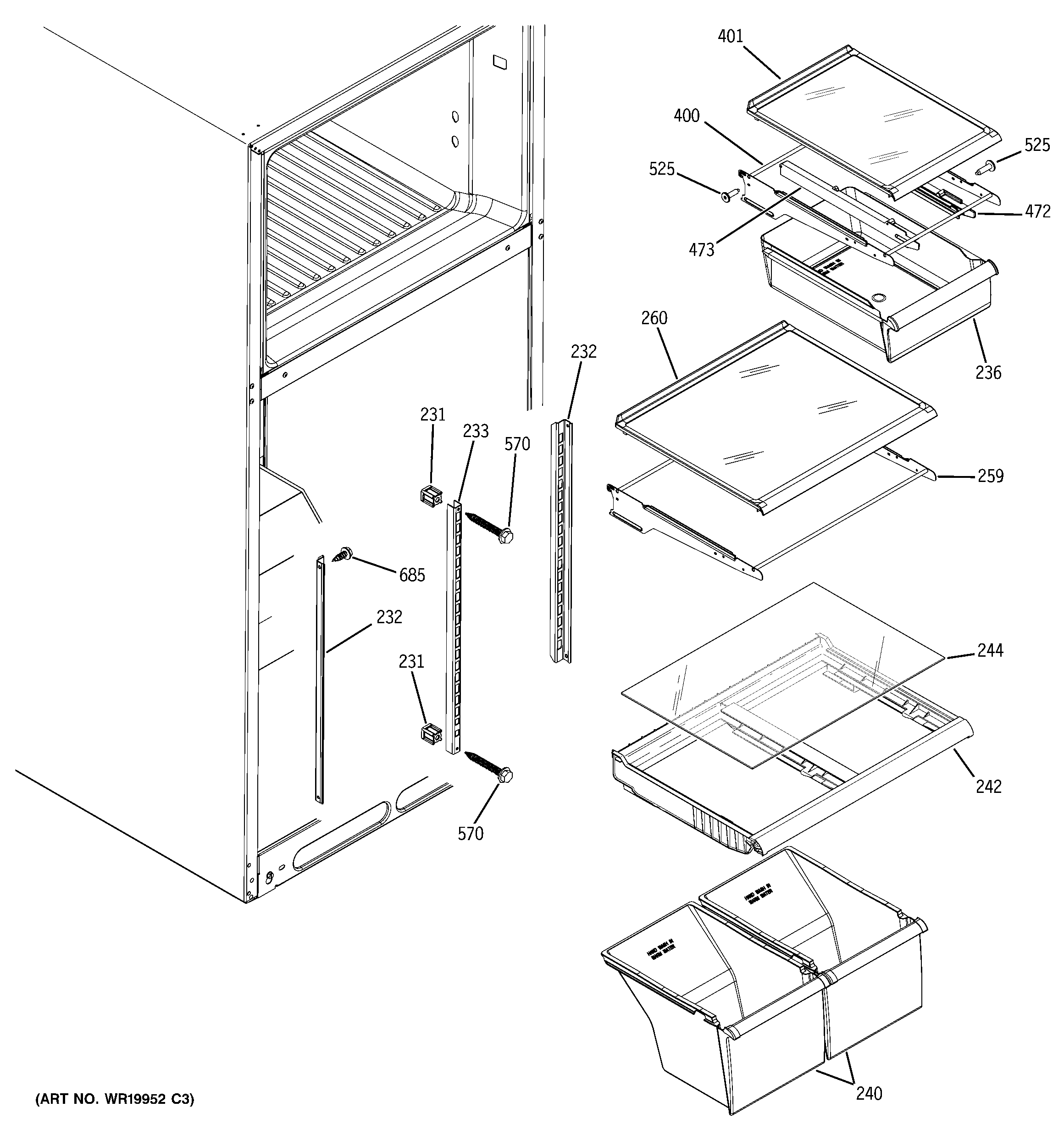GE GTS18JCPJRCC fresh food shelves diagram