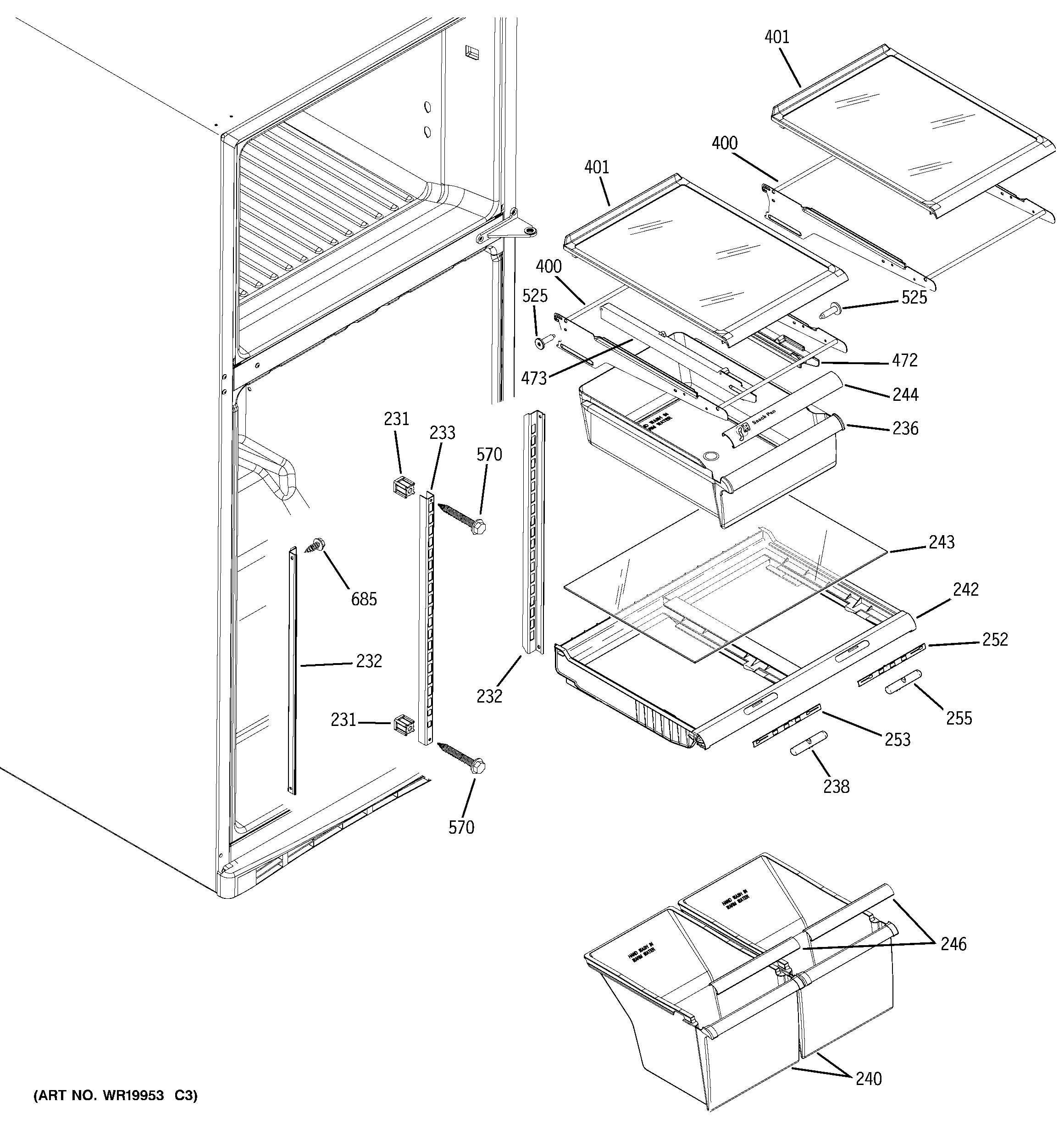 GE GTS18KCPJRBB fresh food shelves diagram