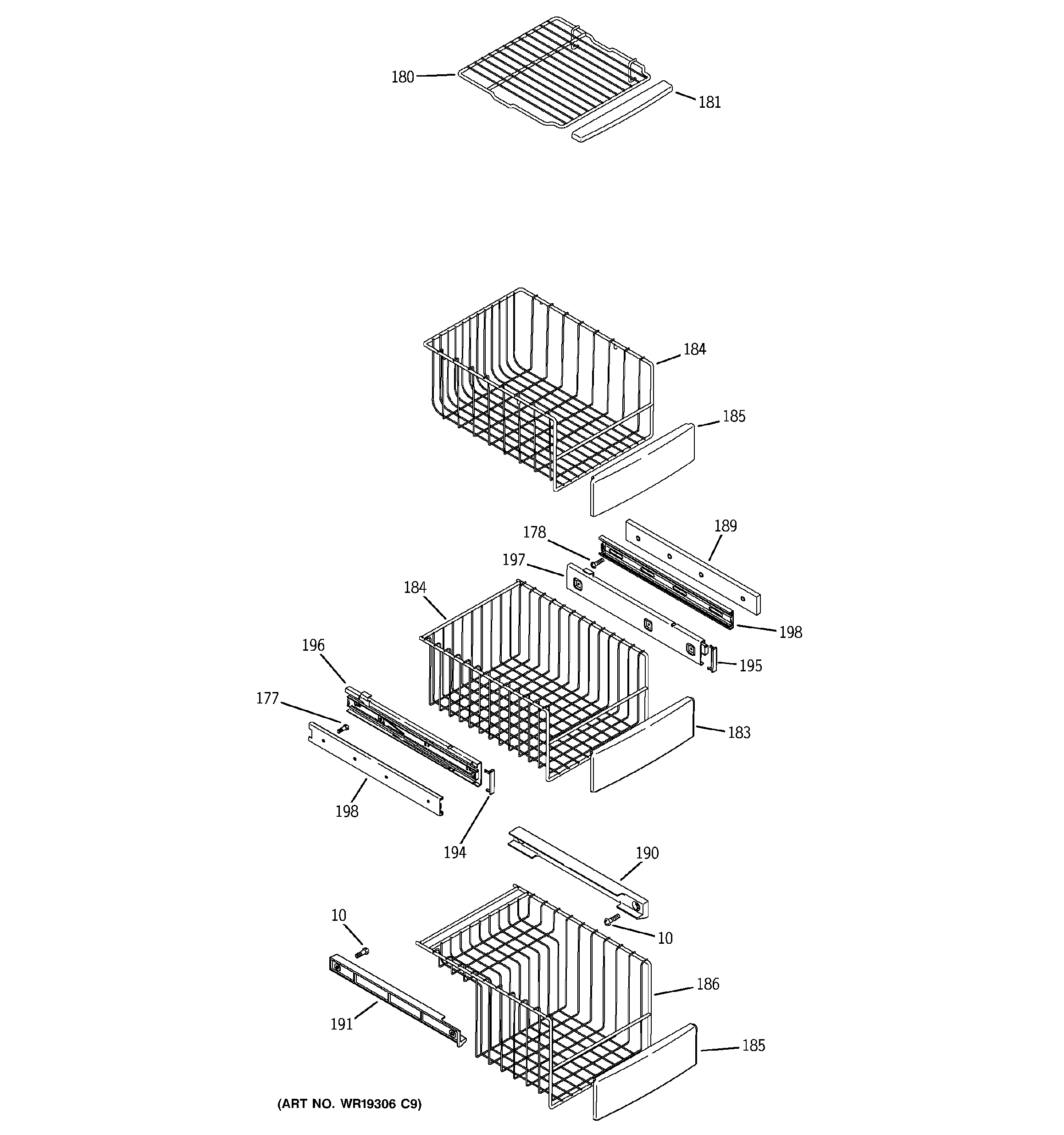 GE PSF23NGTAWW freezer shelves diagram
