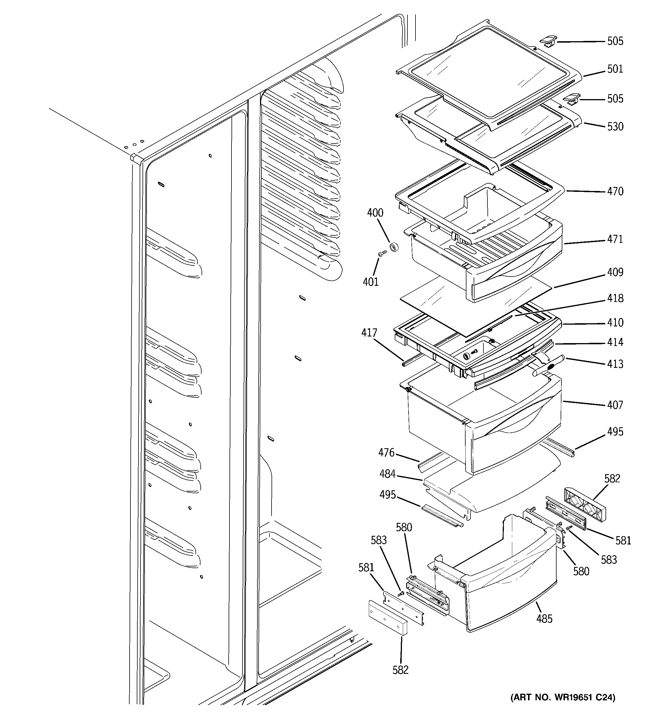GE PSC25MGTABB fresh food shelves diagram