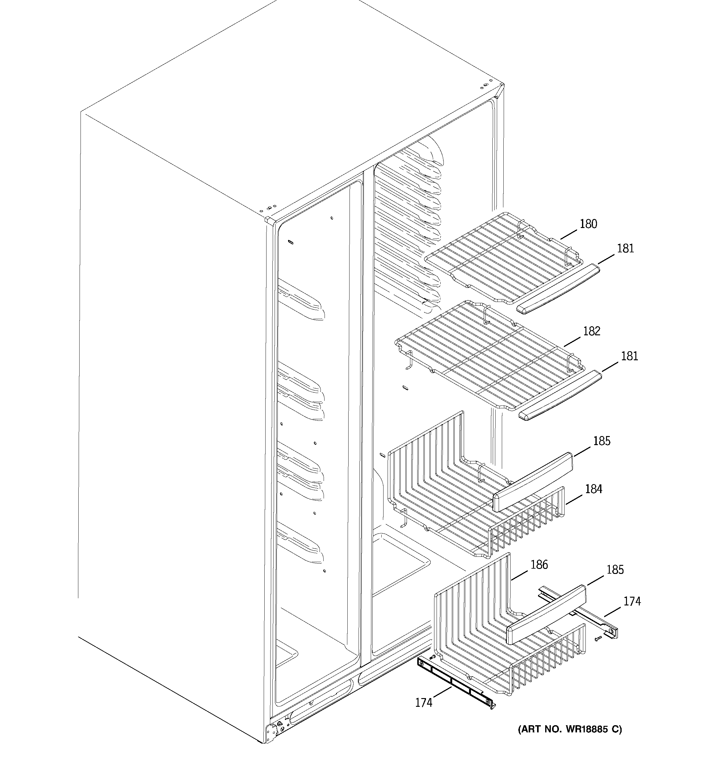 GE PSS23LGSBBB freezer shelves diagram