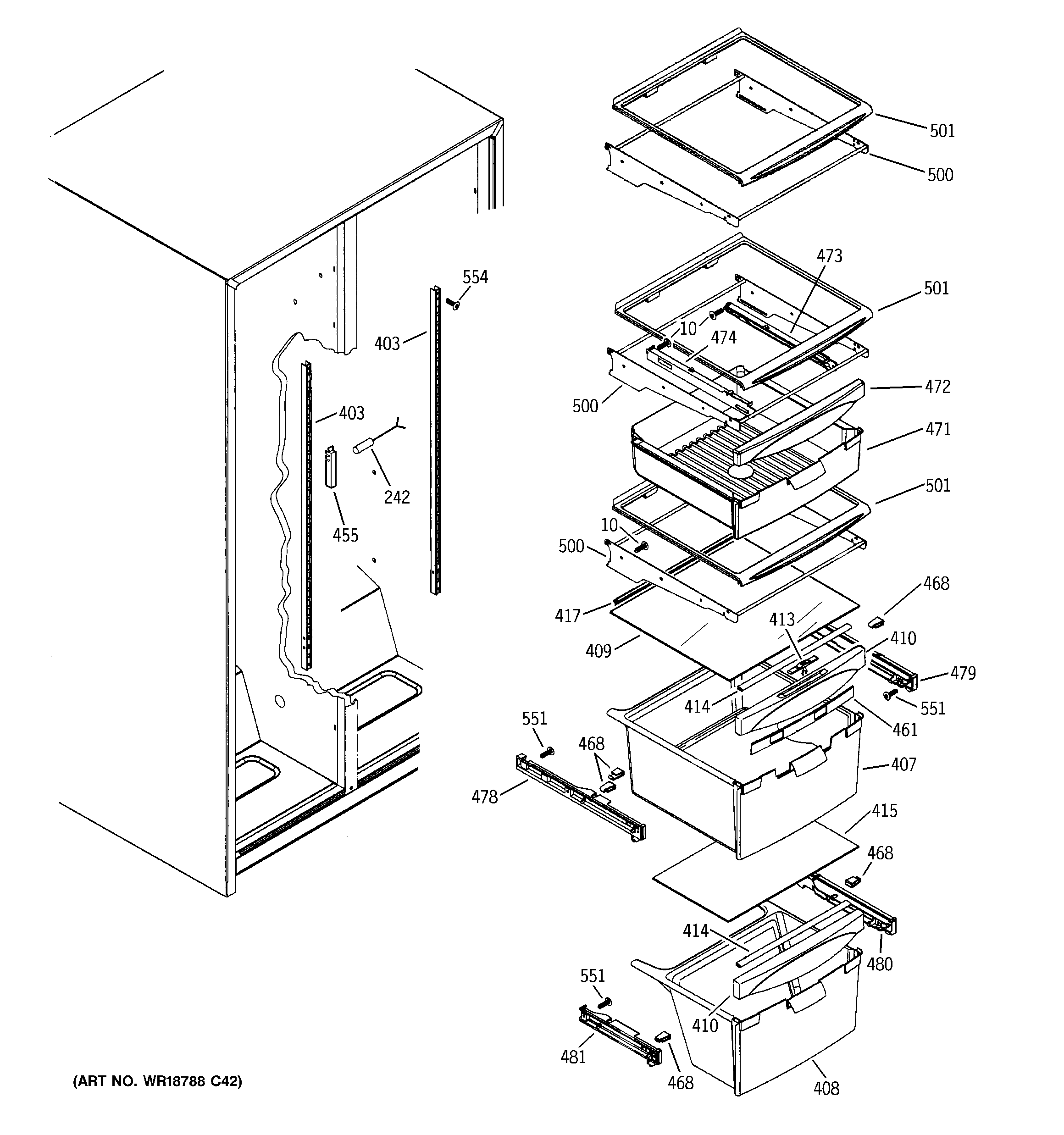 GE SSH25KFRFWW fresh food shelves diagram