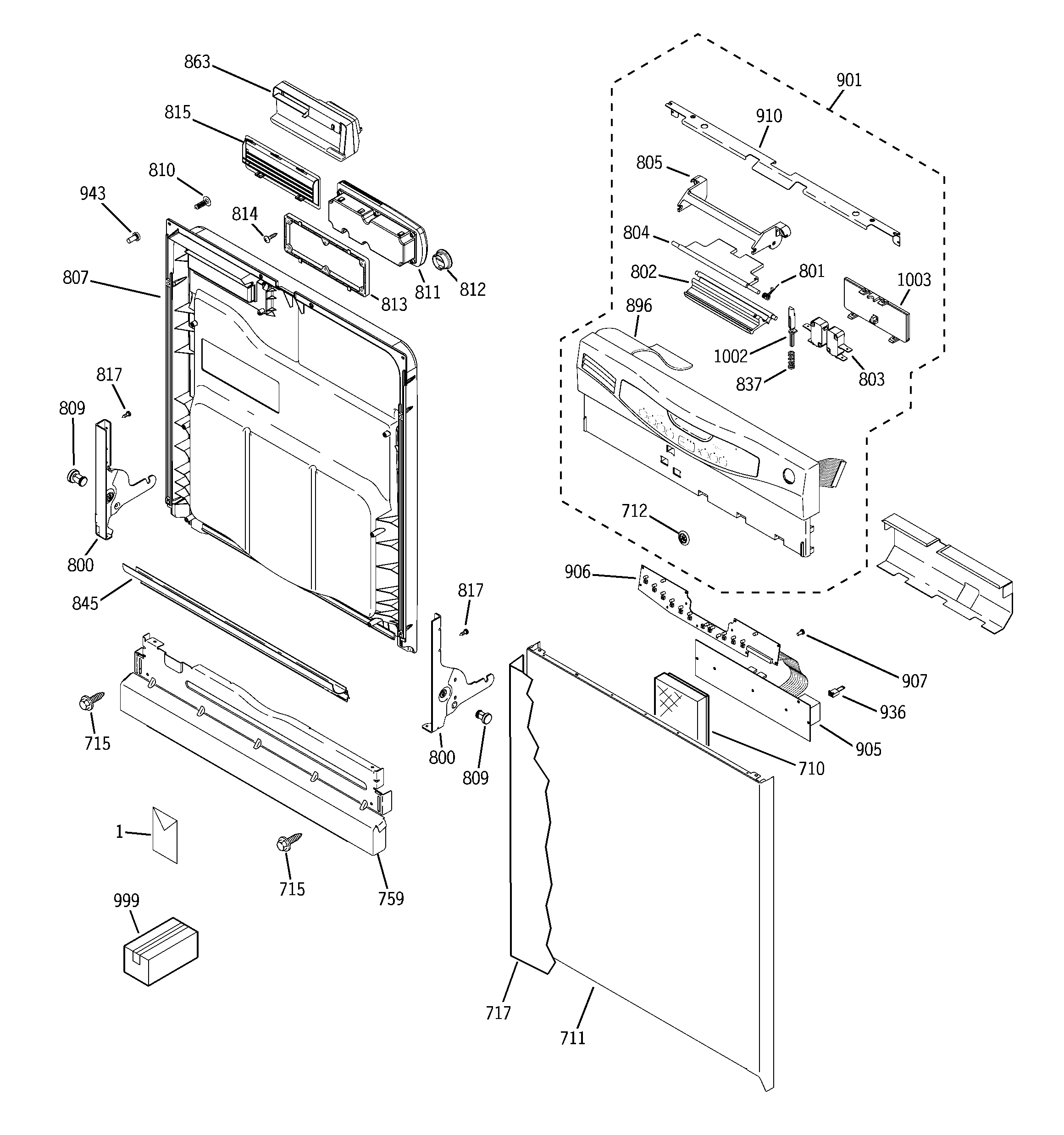 GE GHDA450M00BB escutcheon & door assembly diagram