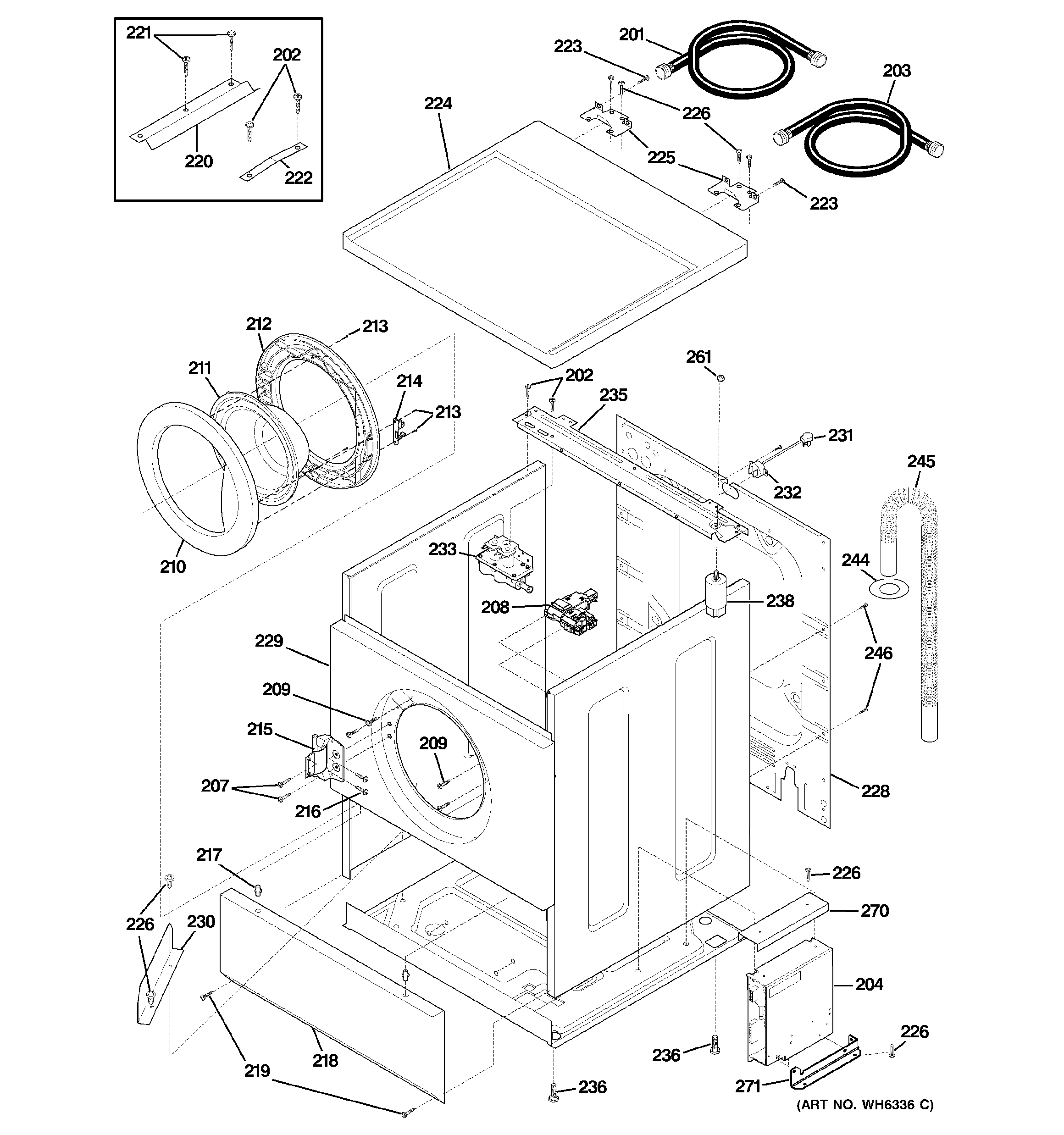GE WSXH208F1WW cabinet, door & top diagram