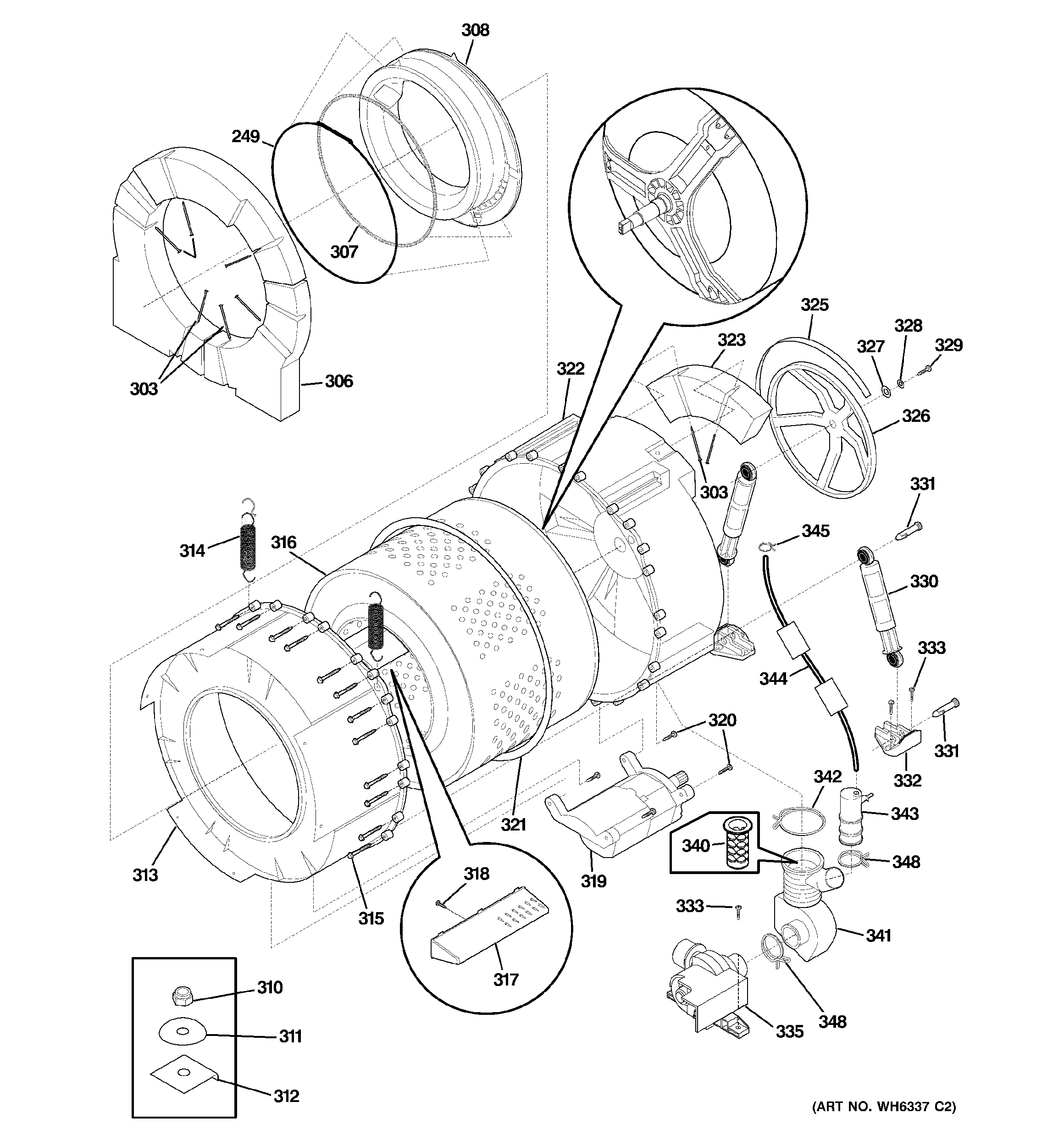 GE WSXH208F1WW tub & motor diagram
