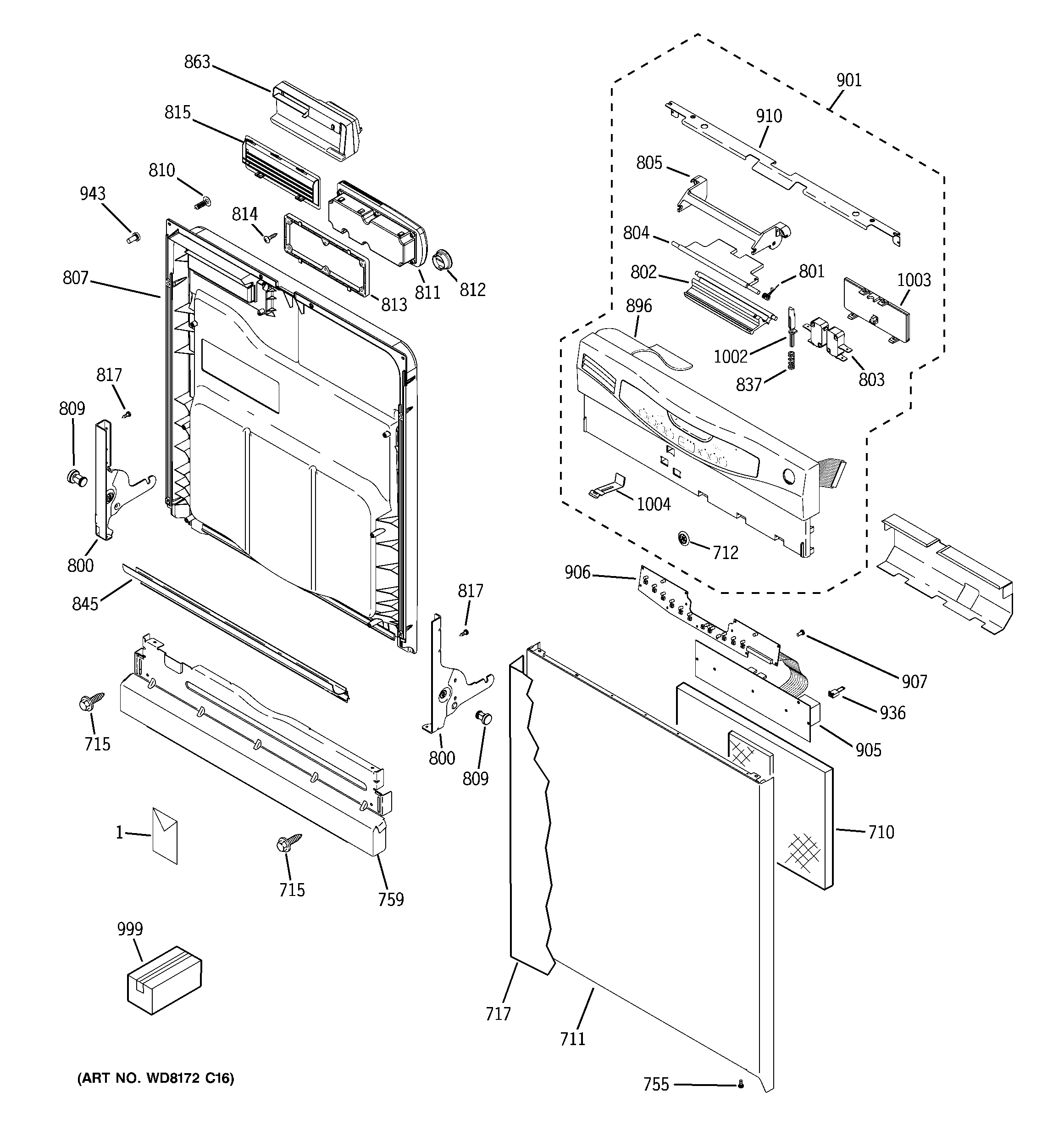 GE GLD5500L00WW escutcheon & door assembly diagram