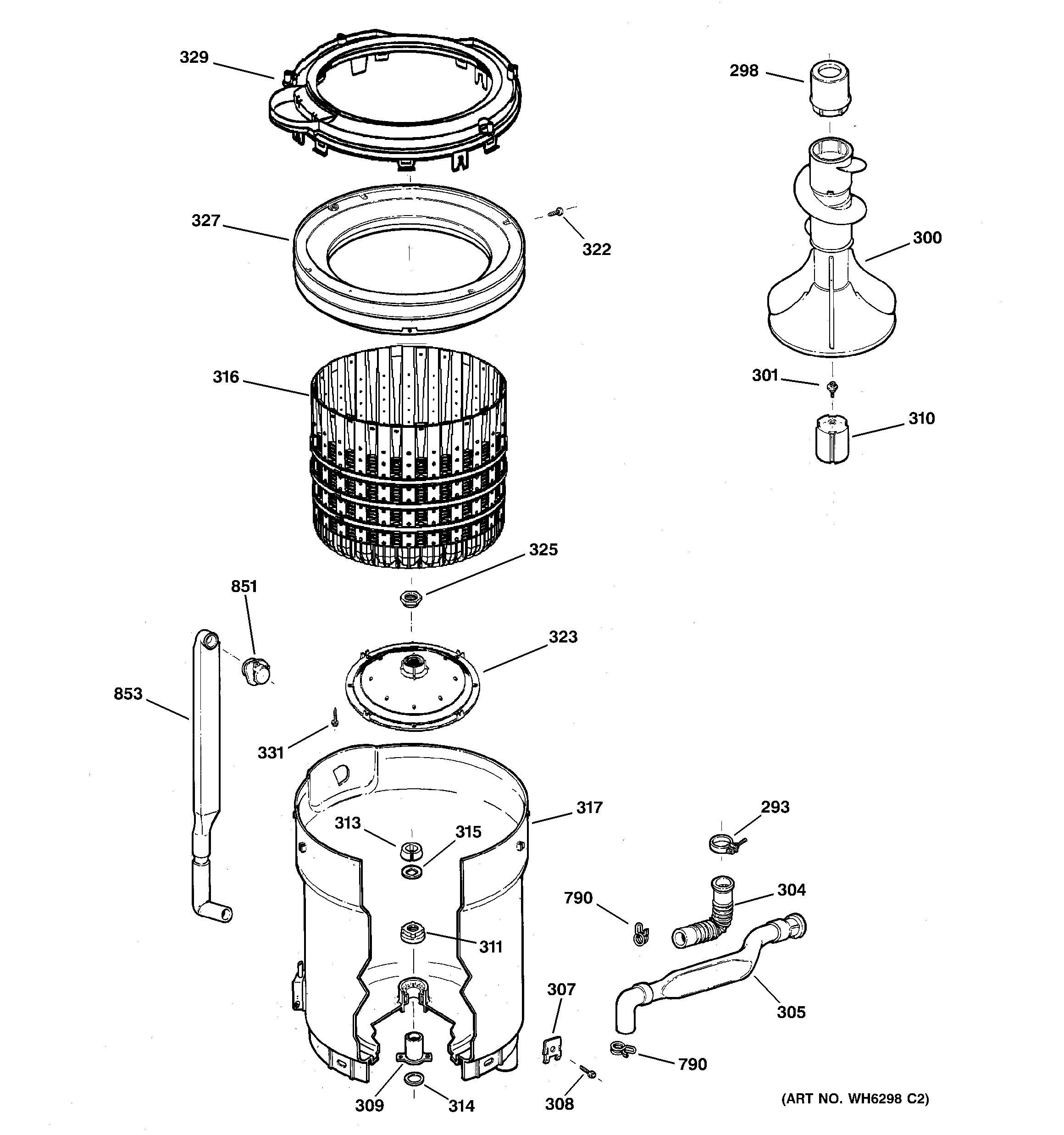 GE WNSB8060B9CC tub, basket & agitator diagram