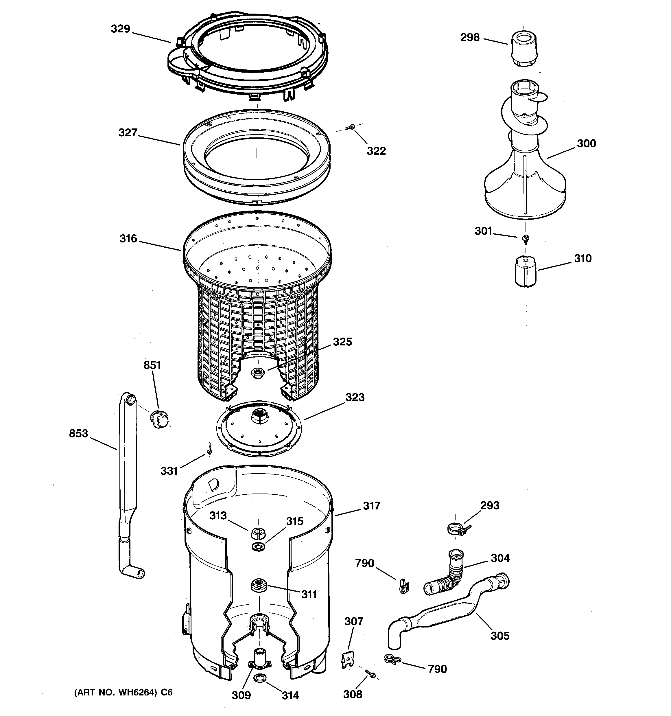 GE WPSE7003B9WW tub, basket & agitator diagram