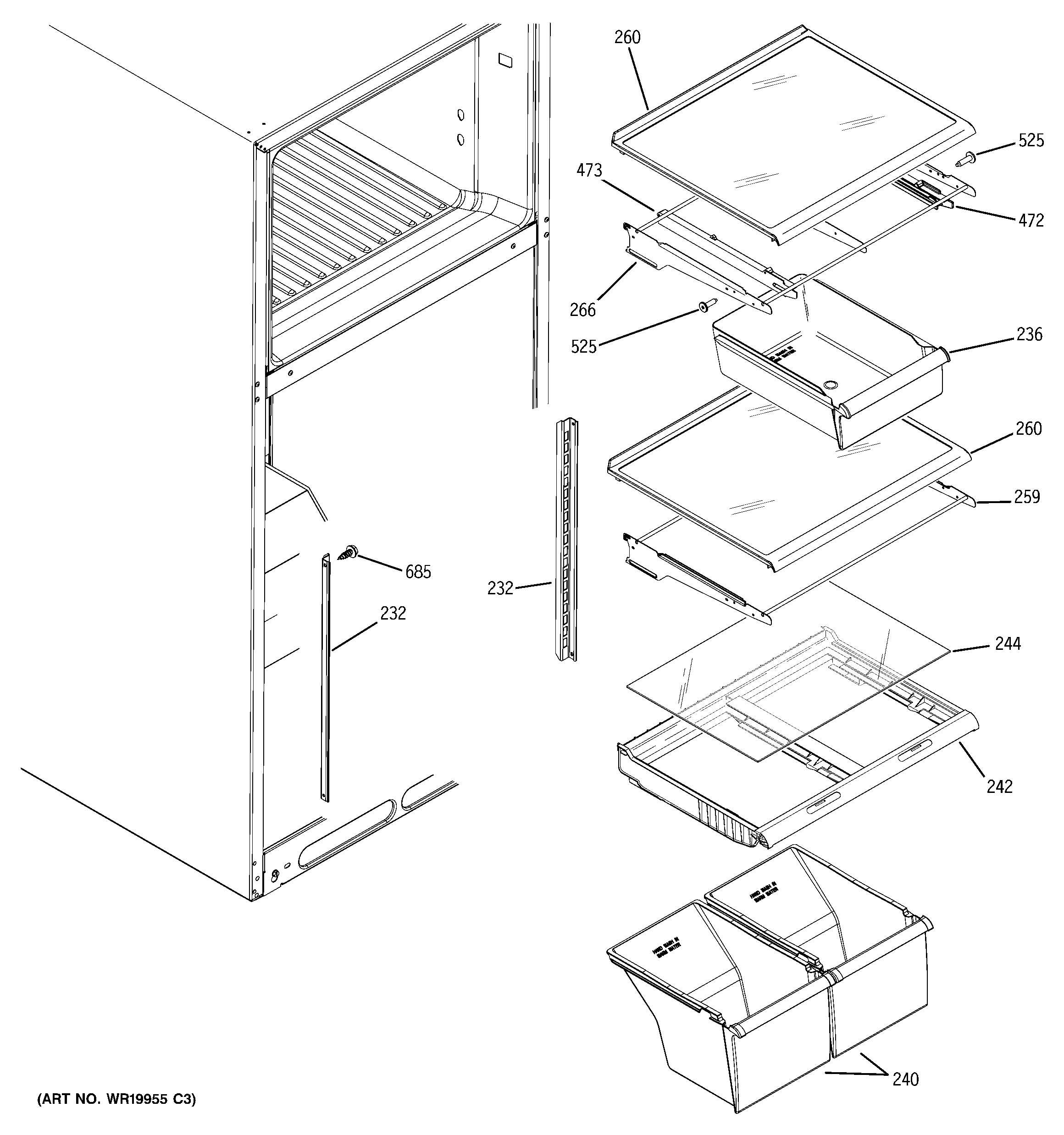 GE DTS18ICSVRWW fresh food shelves diagram