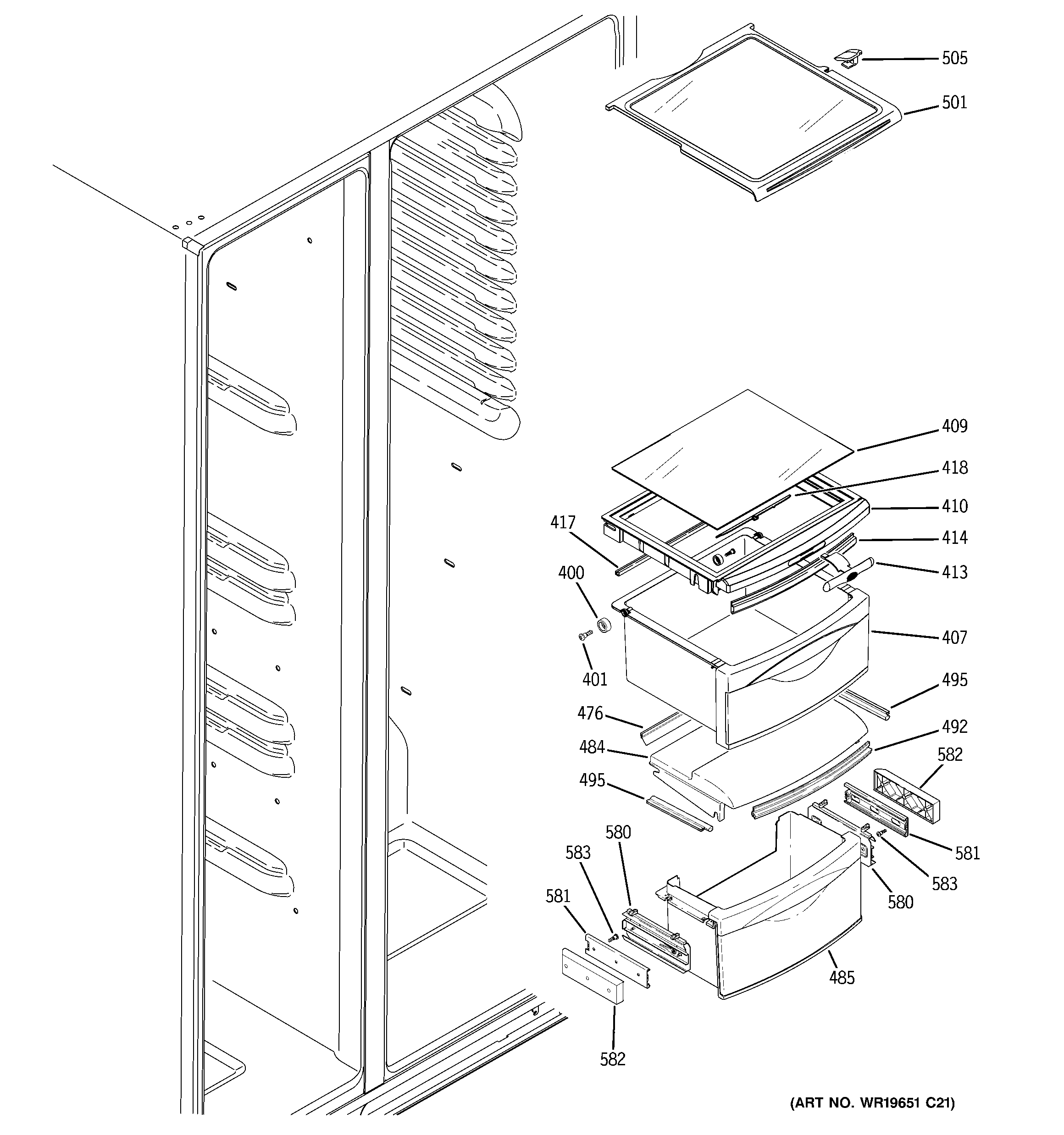 GE GCE23YHTAFSS fresh food shelves diagram