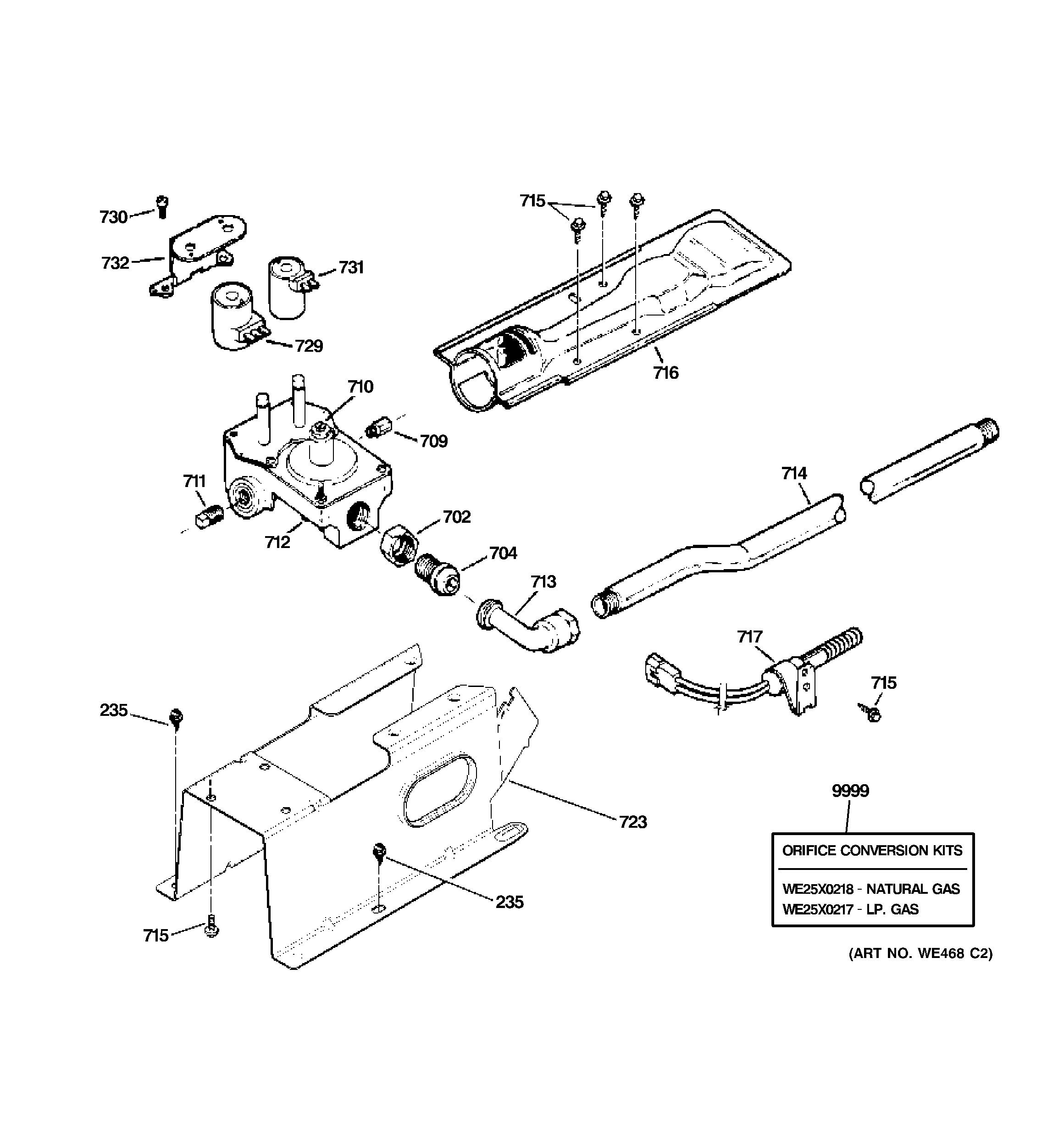 GE DHDVH52GF0GG gas valve & burner assembly diagram