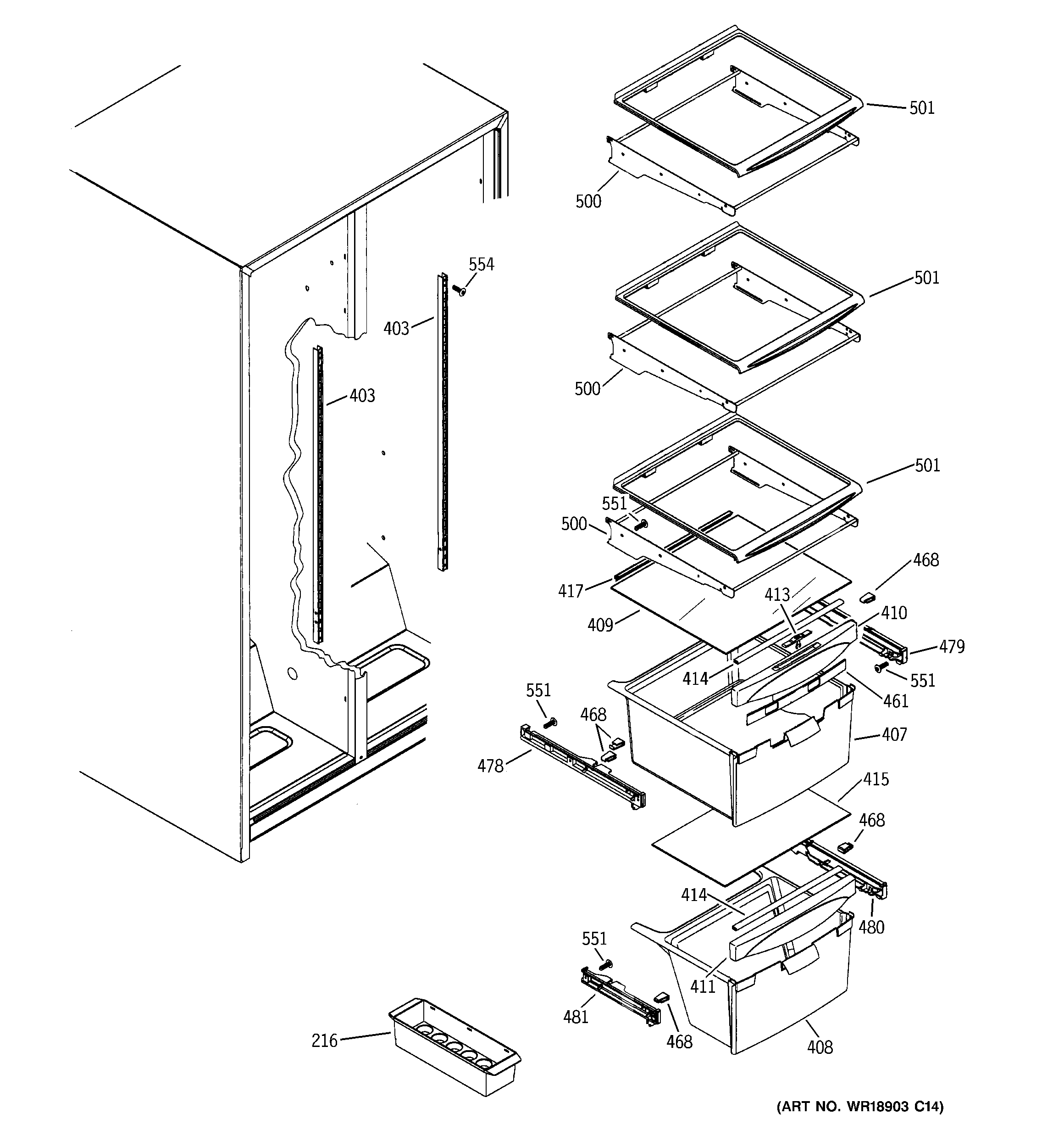 GE GSE22KETAFBB fresh food shelves diagram
