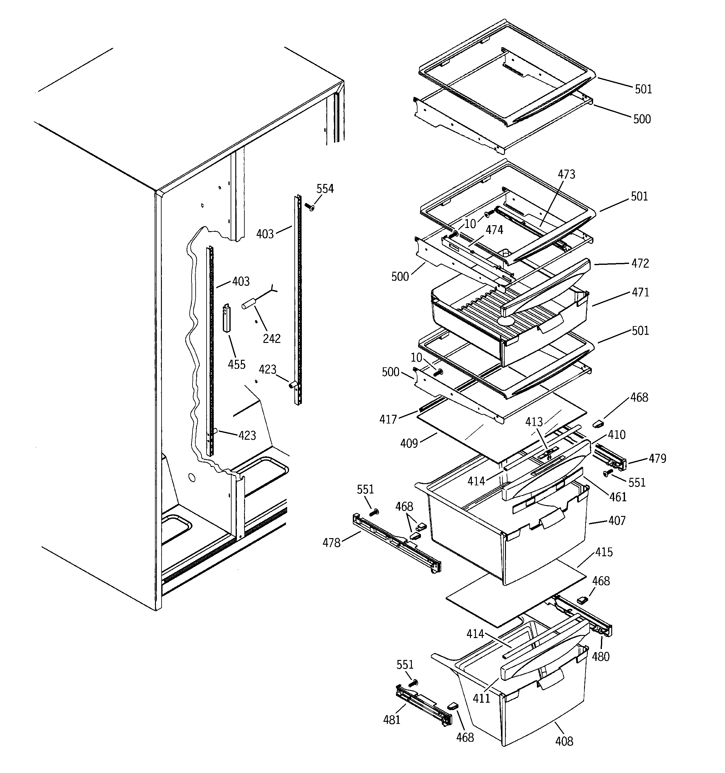 GE GSL22JFTABS fresh food shelves diagram