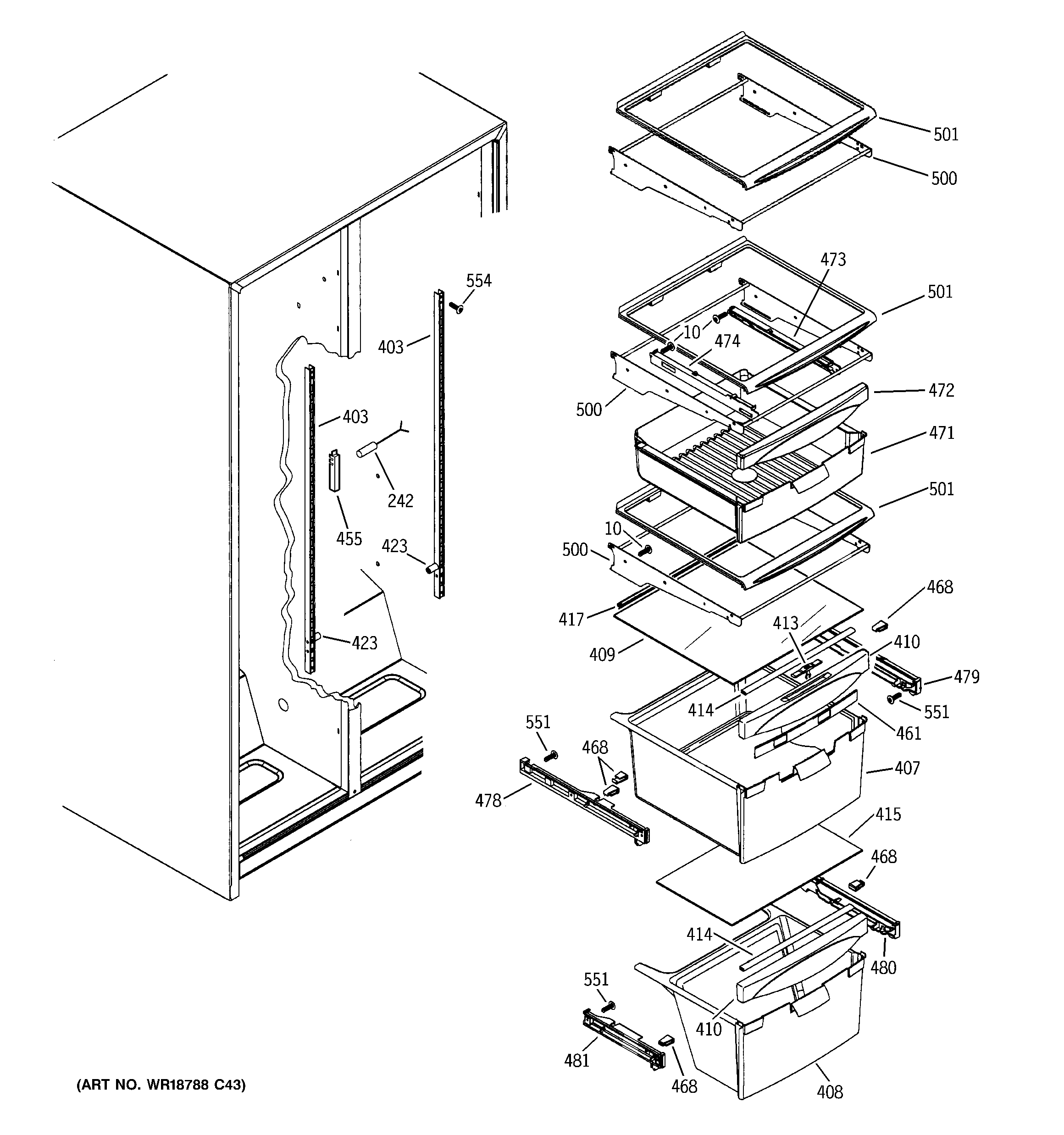 GE SSH25KFTAWW fresh food shelves diagram