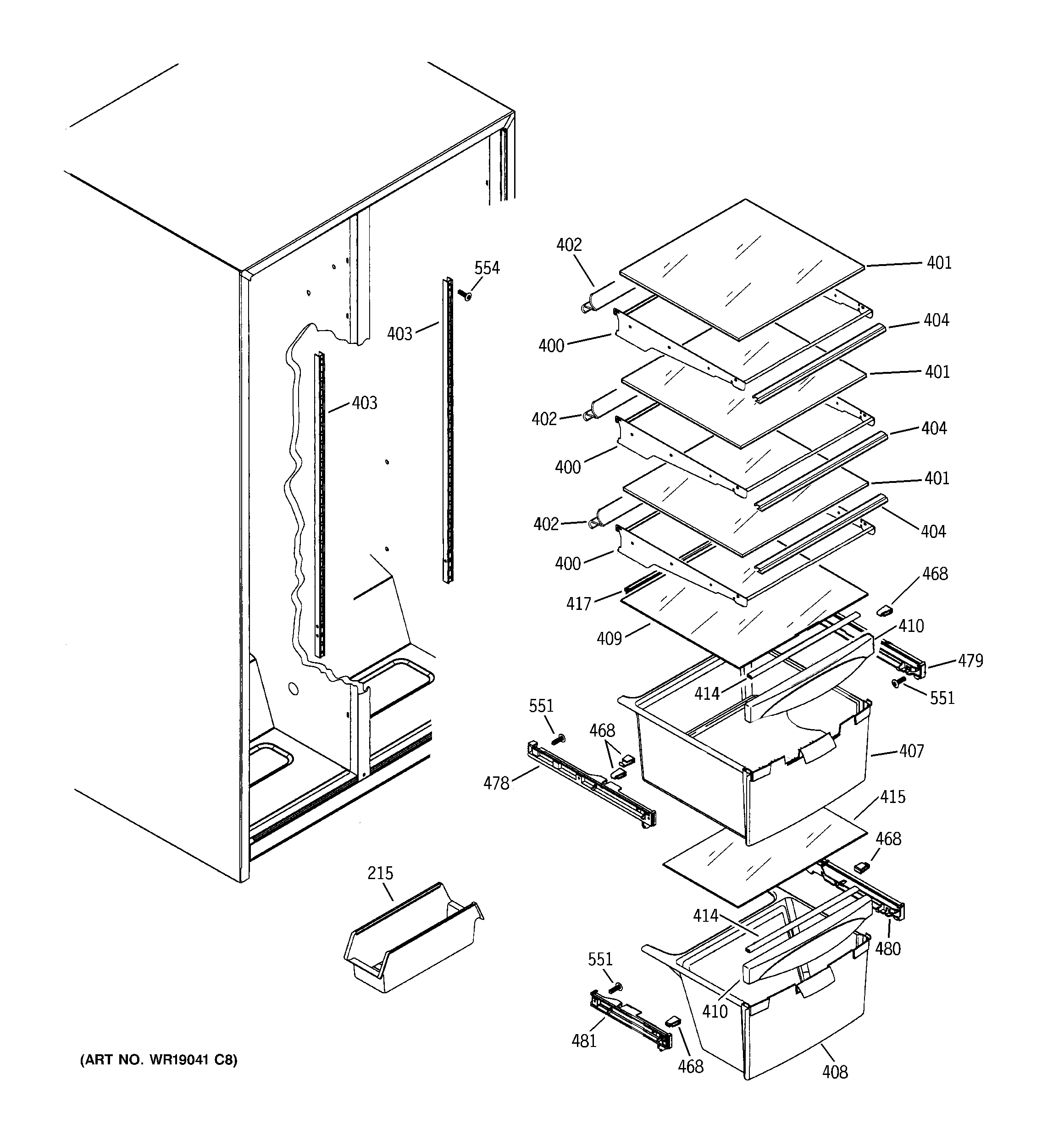 GE GSS20IBTAWW fresh food shelves diagram