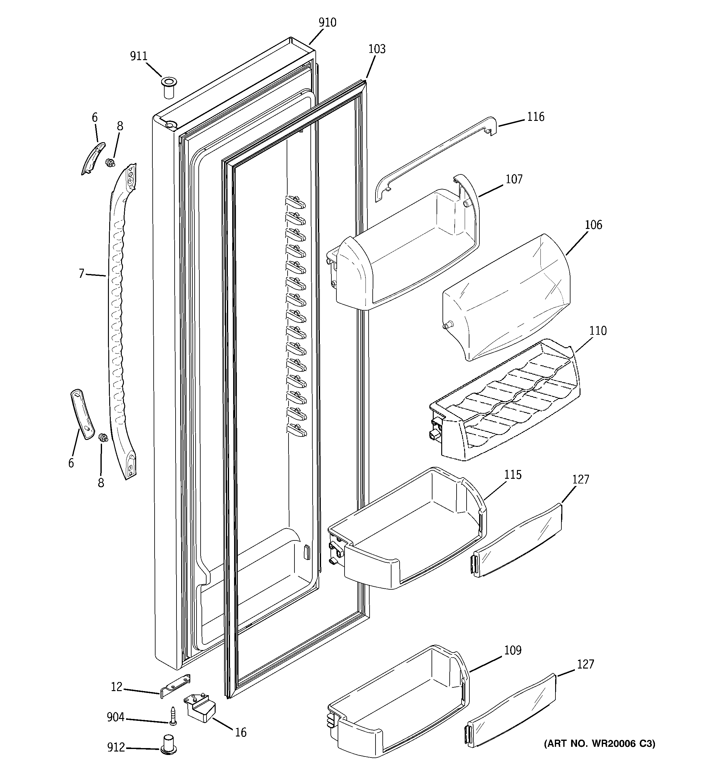 GE GSF25TGTBBB fresh food door diagram