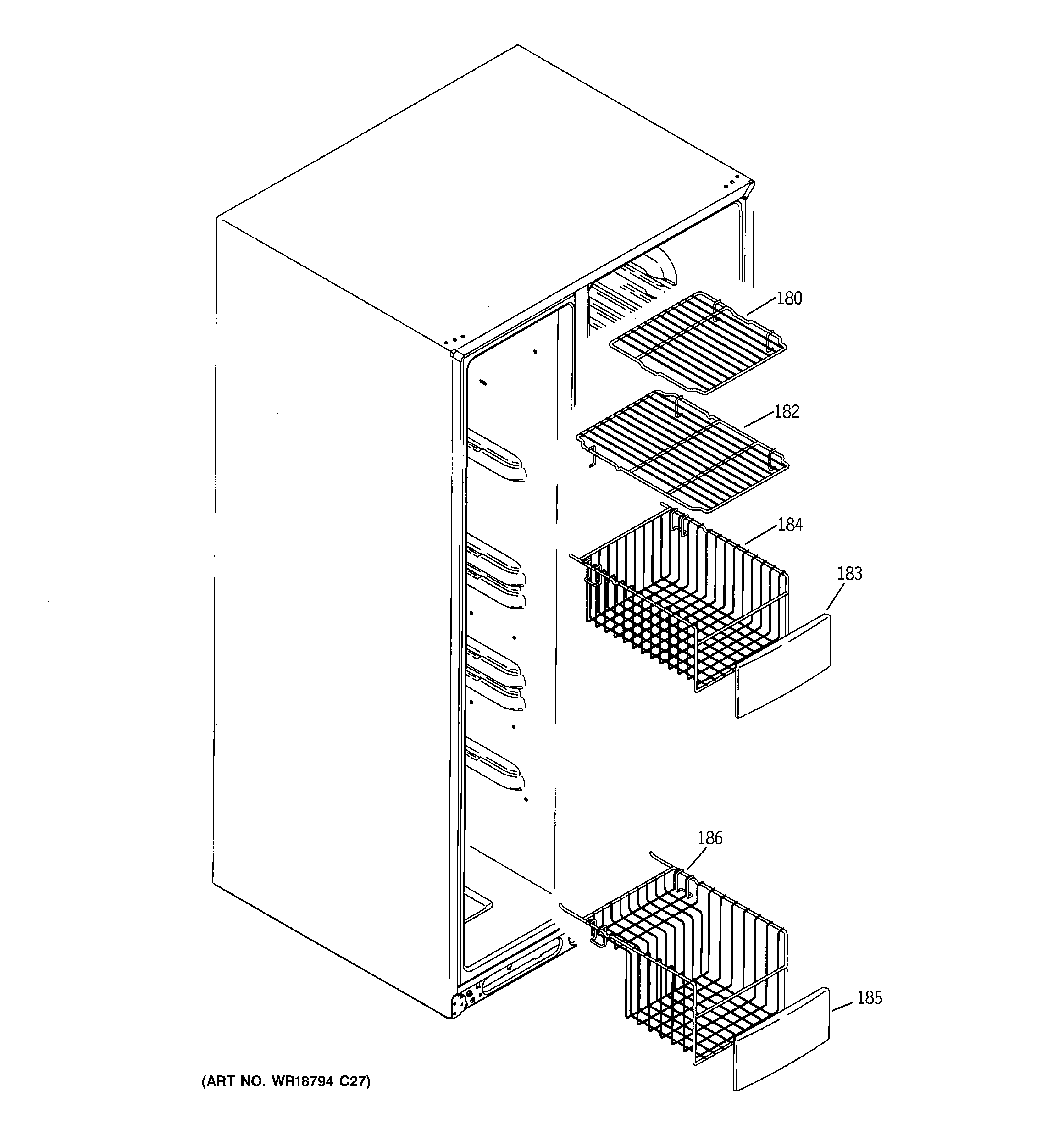 GE GSF25TGTBBB freezer shelves diagram