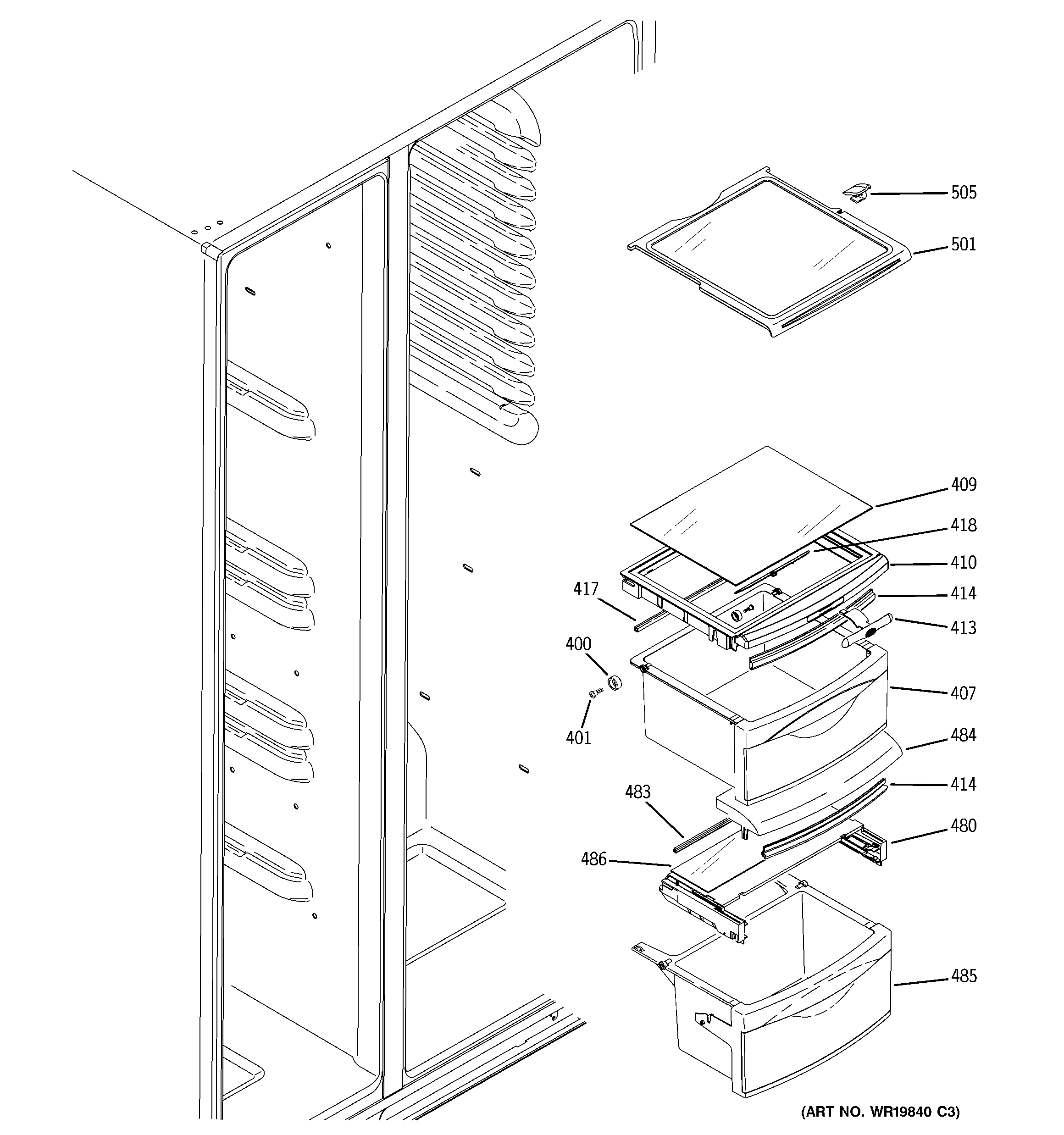 GE GSS25KGTBWW fresh food shelves diagram