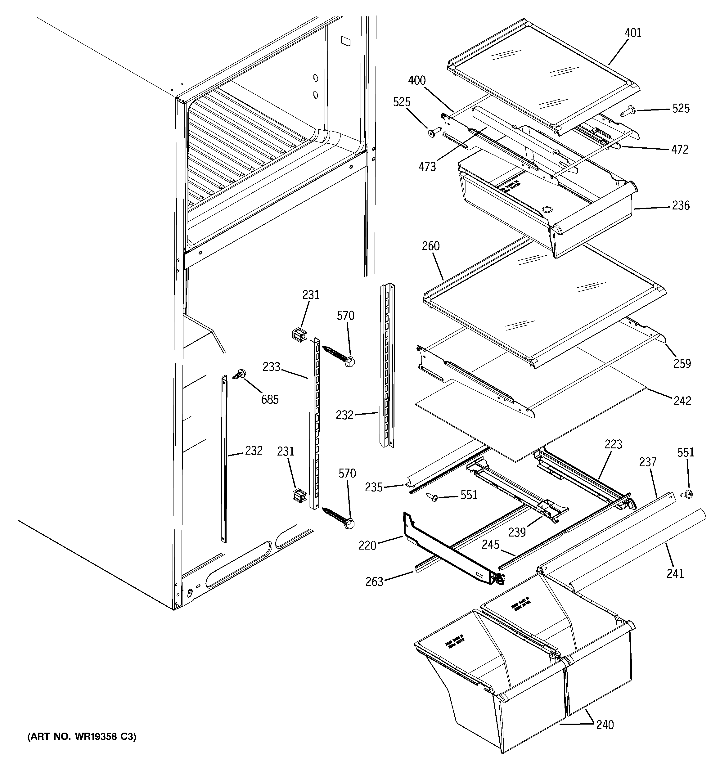 GE GTH18JBRDRCC fresh food shelves diagram