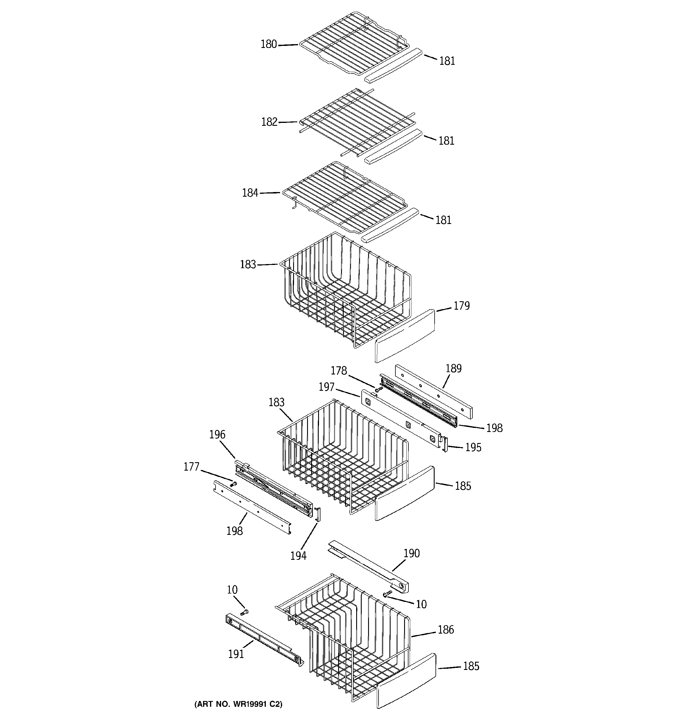 GE PSS26MGTBBB freezer shelves diagram