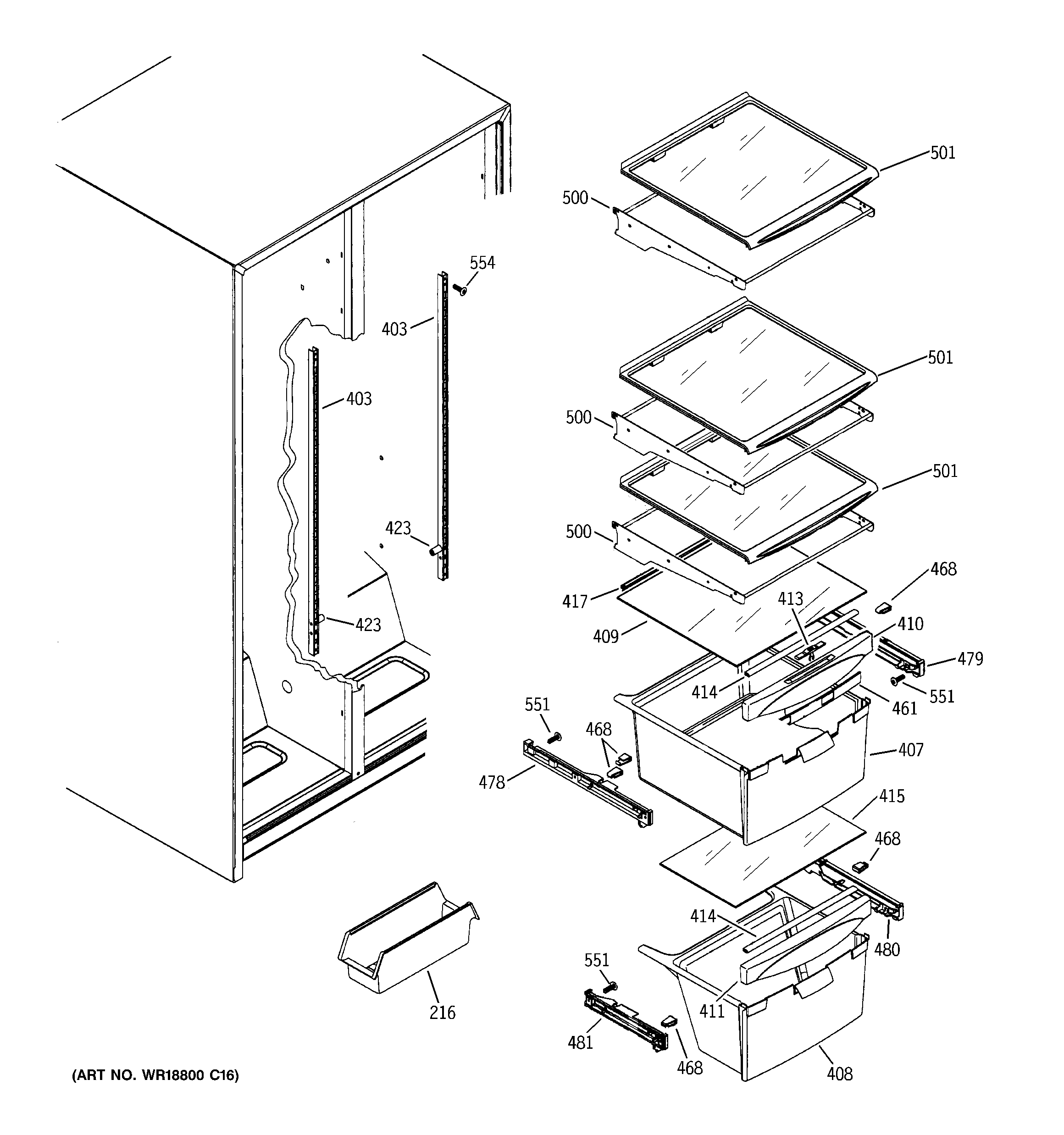 GE DSS25JFPMWW fresh food shelves diagram