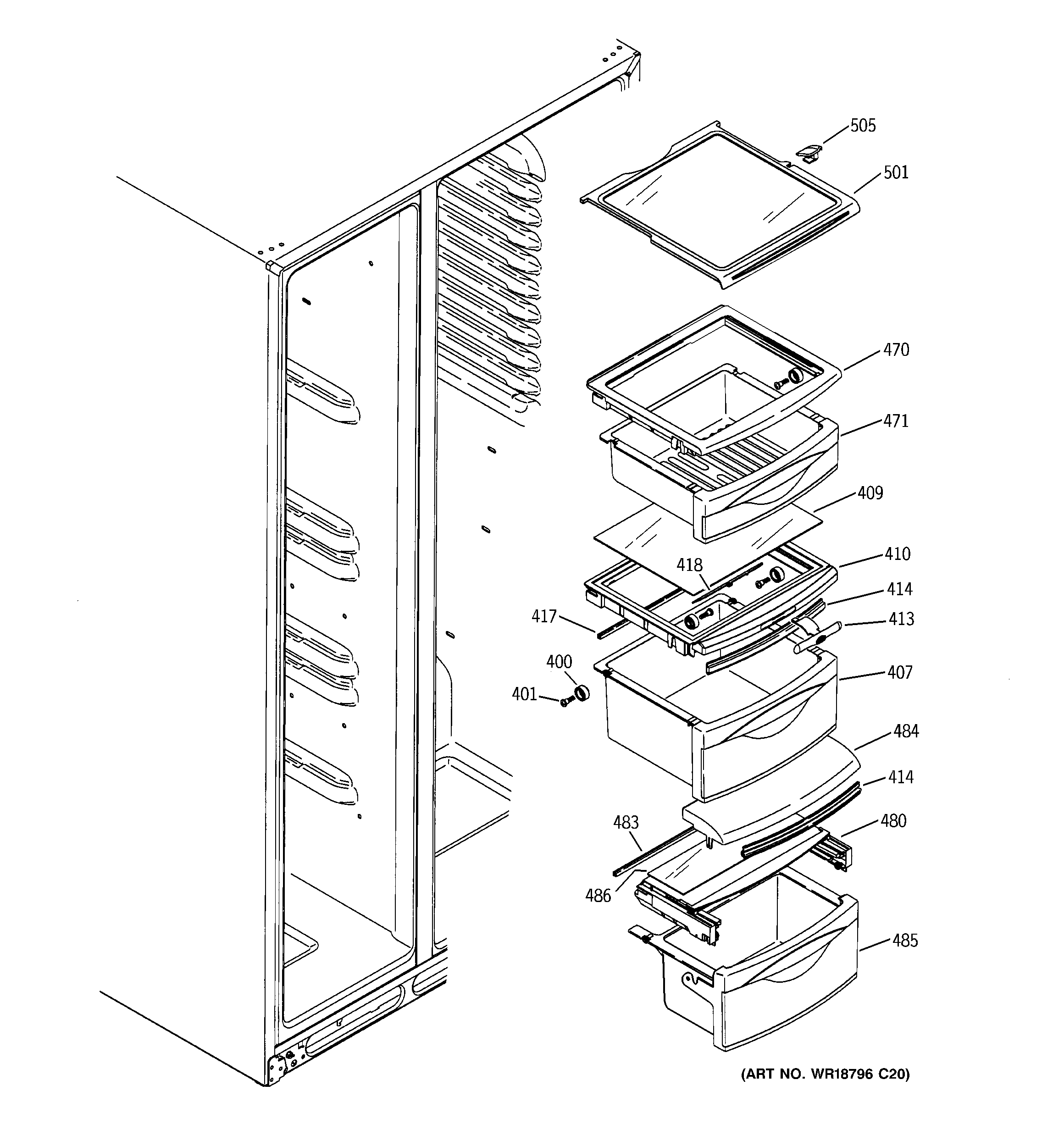 GE DSS25KSTBSS fresh food shelves diagram