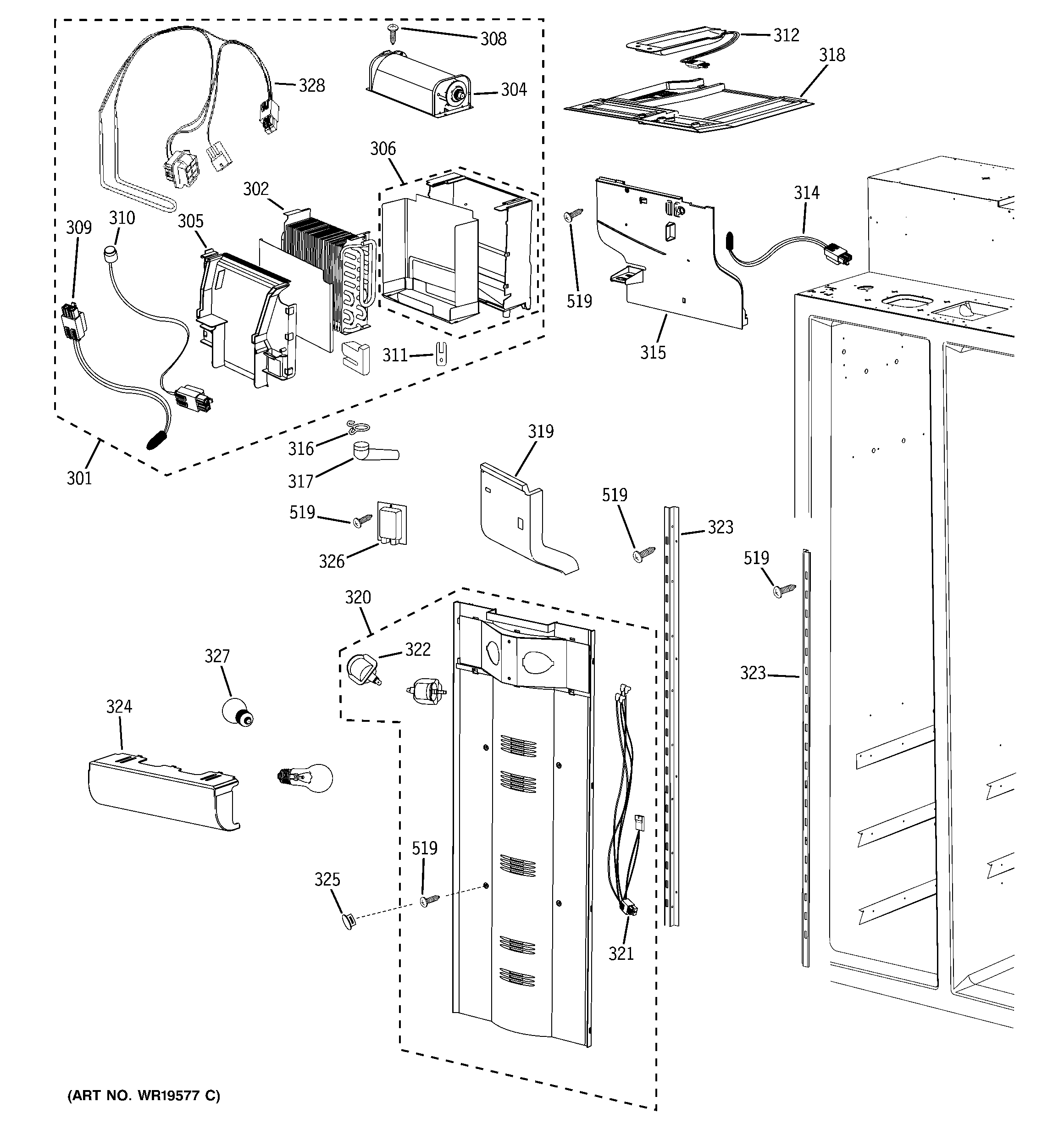GE PSB42LGRAWV freezer section diagram