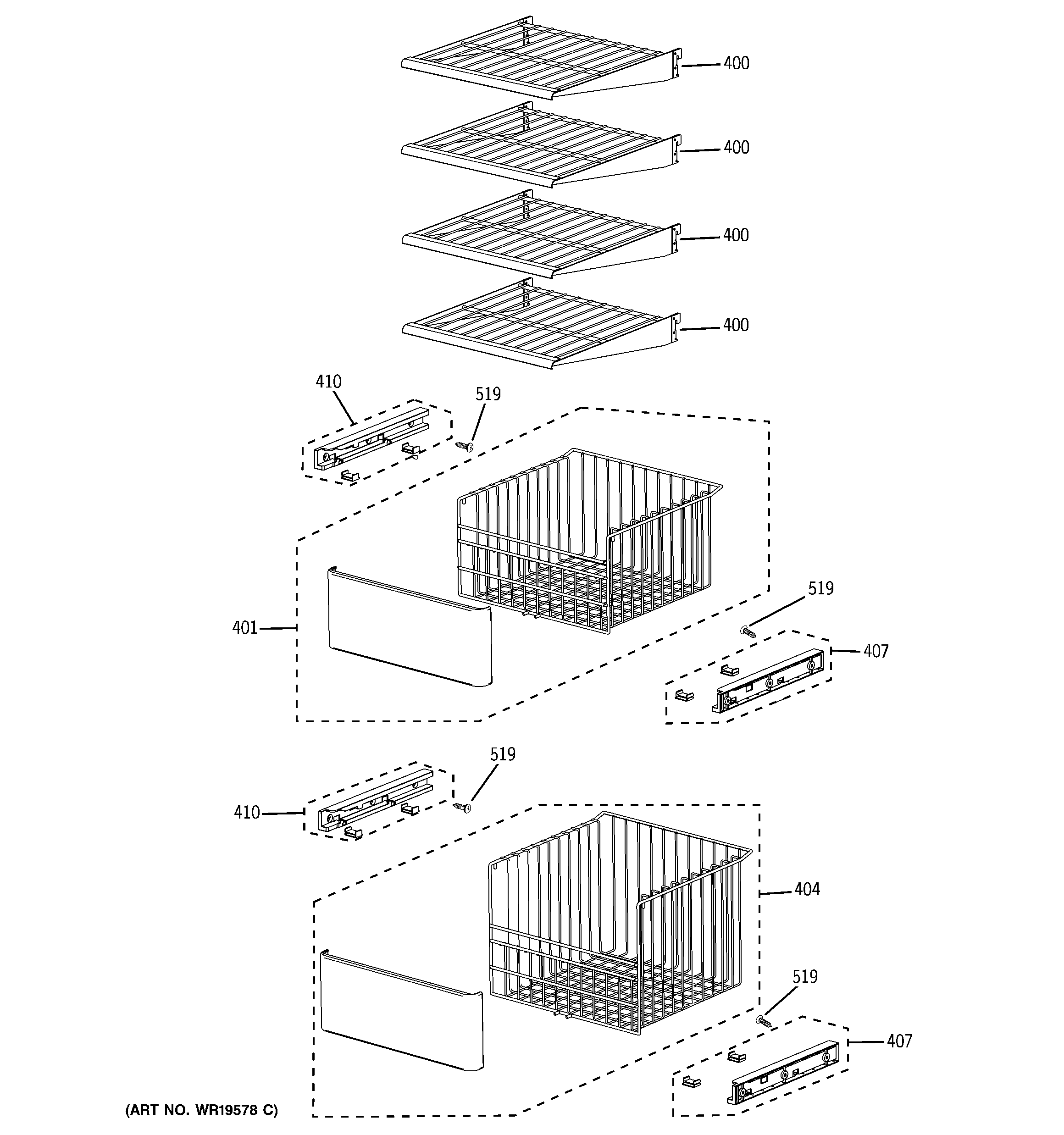 GE PSB42LGRAWV freezer shelves diagram