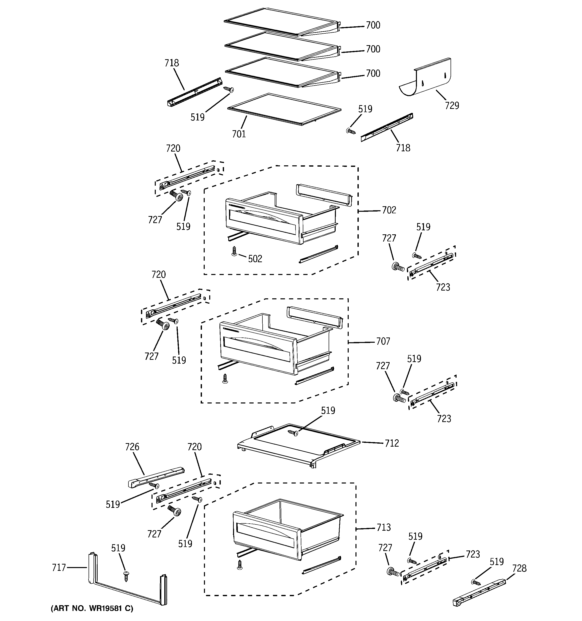 GE PSB42LGRAWV fresh food shelves diagram