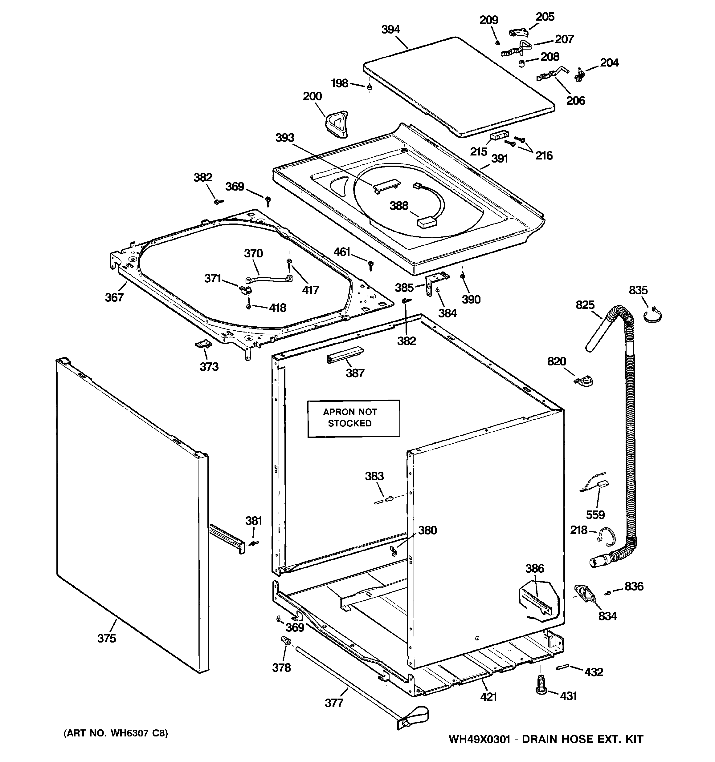 GE S5200E6WW cabinet, cover & front panel diagram