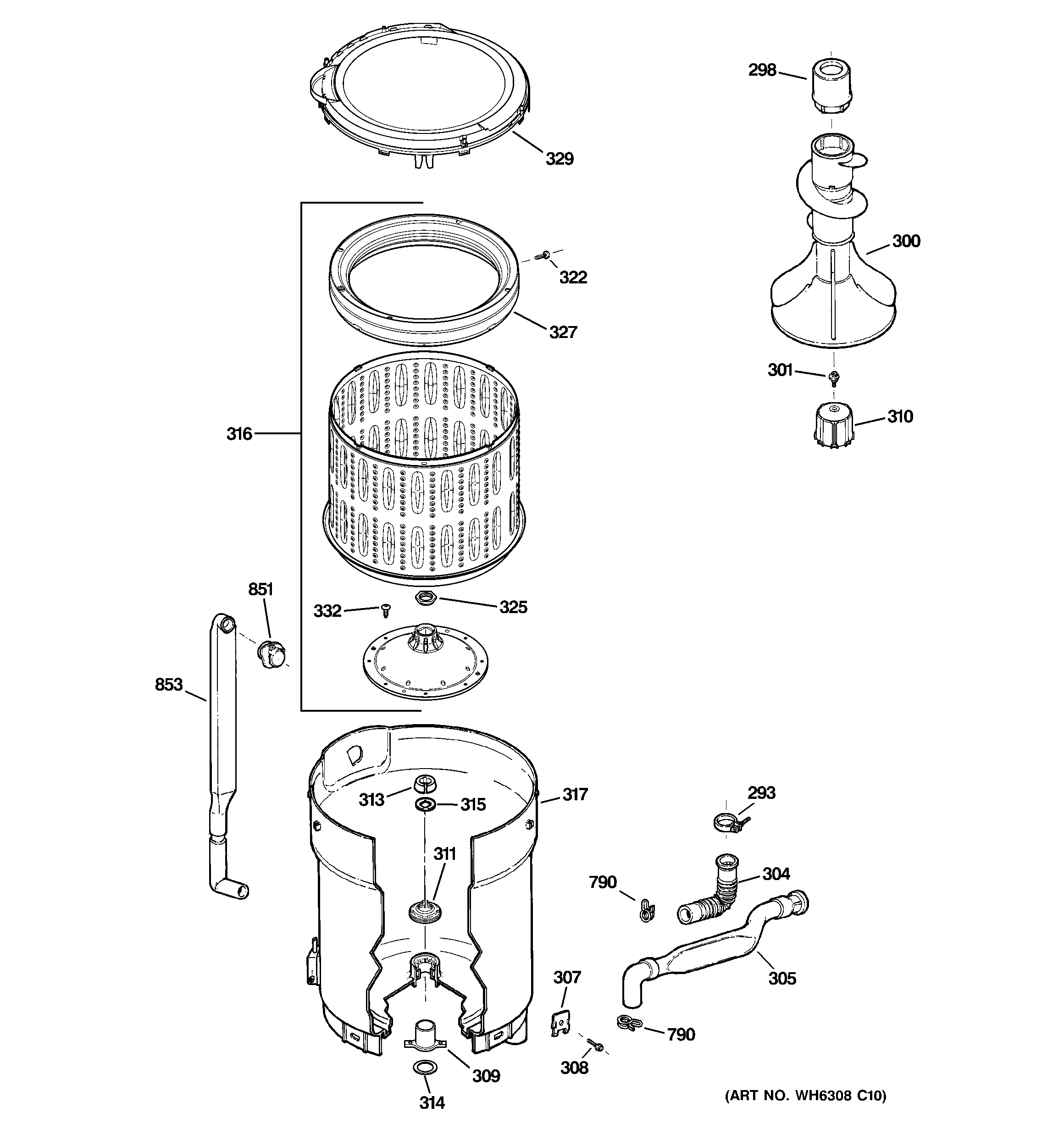 GE WHRE5260E6WW tub, basket & agitator diagram