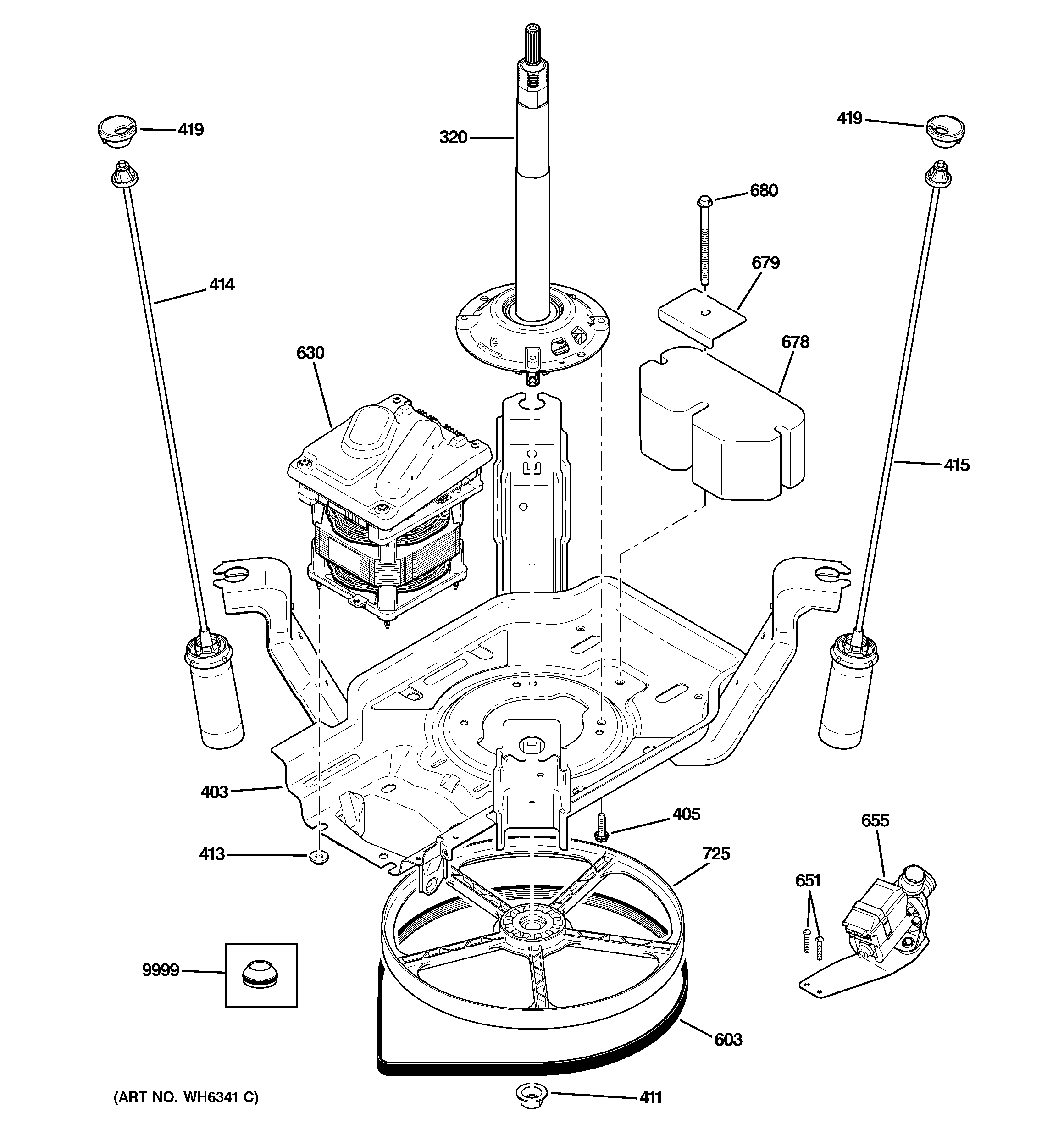 GE WHRE5260E6WW suspension, pump & drive components diagram