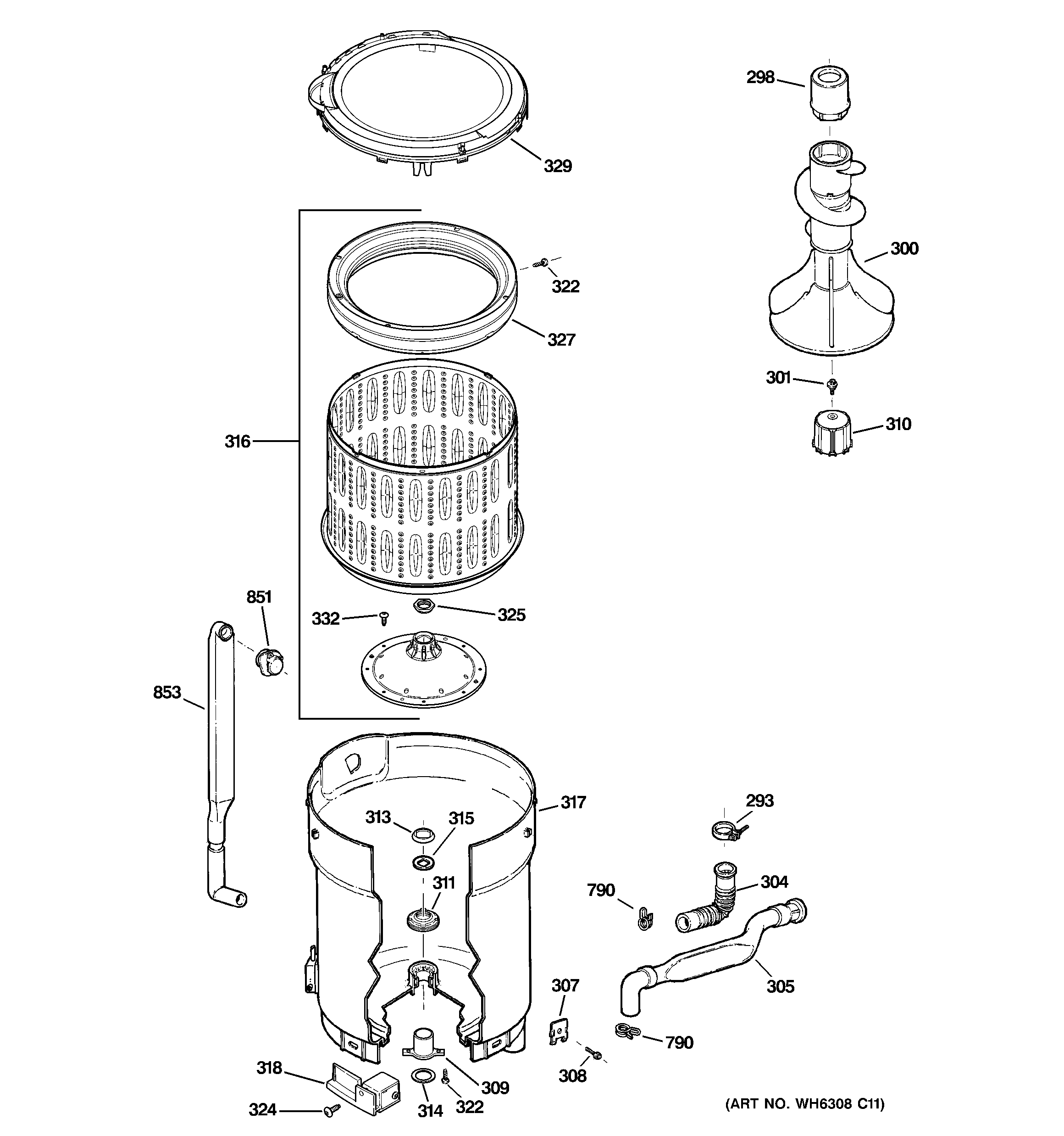 GE WPRB9220DCWW tub, basket & agitator diagram