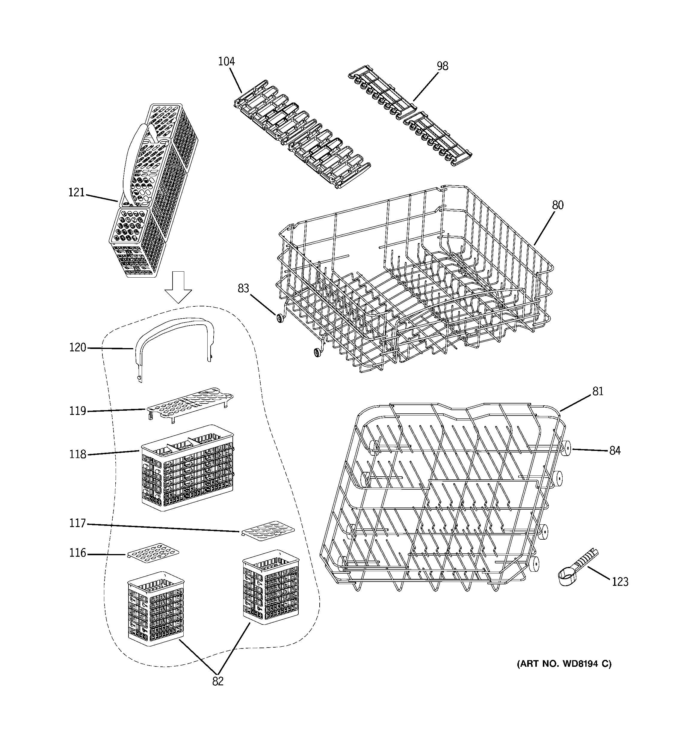 GE GLDA696M00SS upper & lower rack assembly diagram