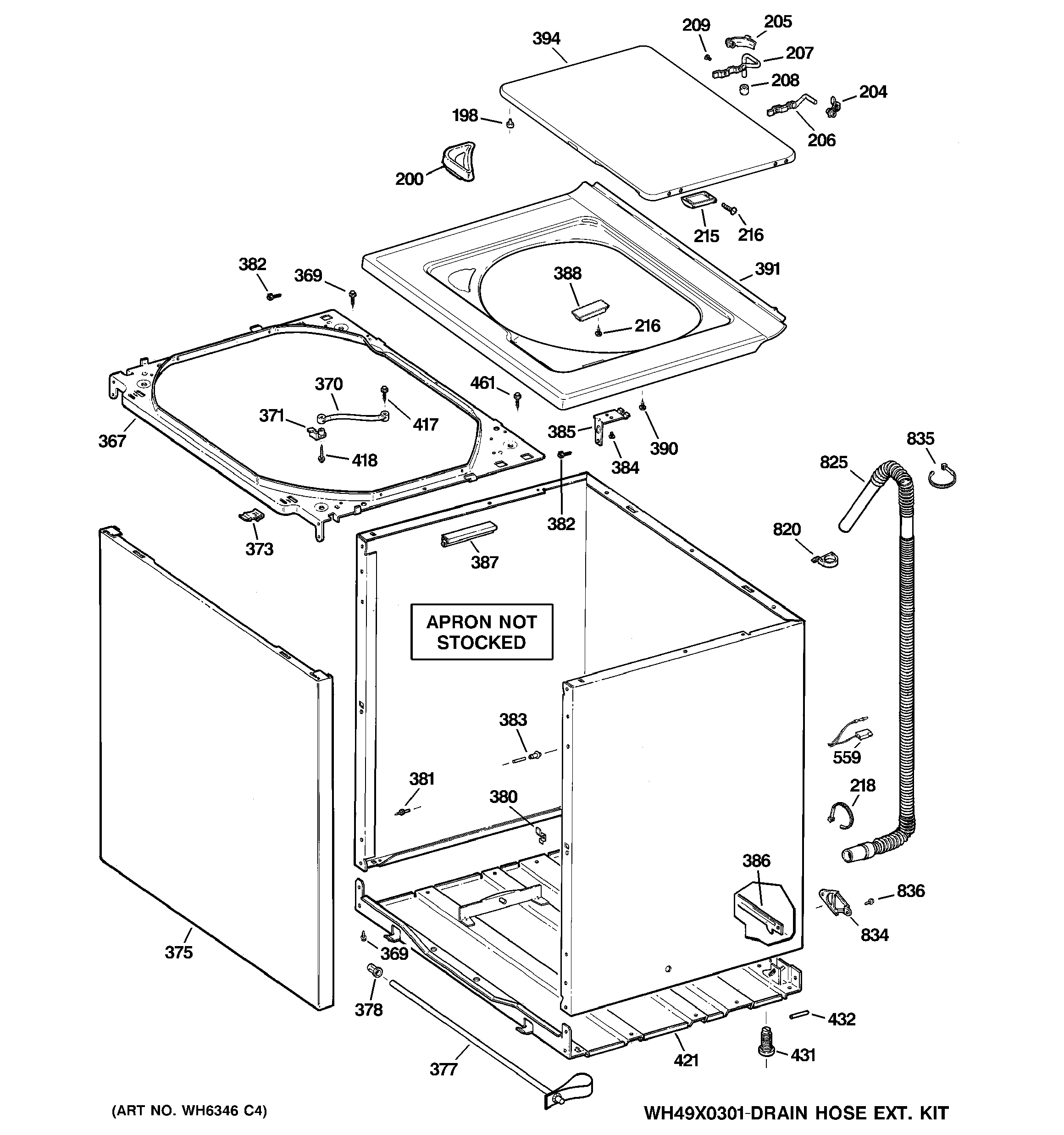 GE S2100E6WW cabinet, cover & front panel diagram