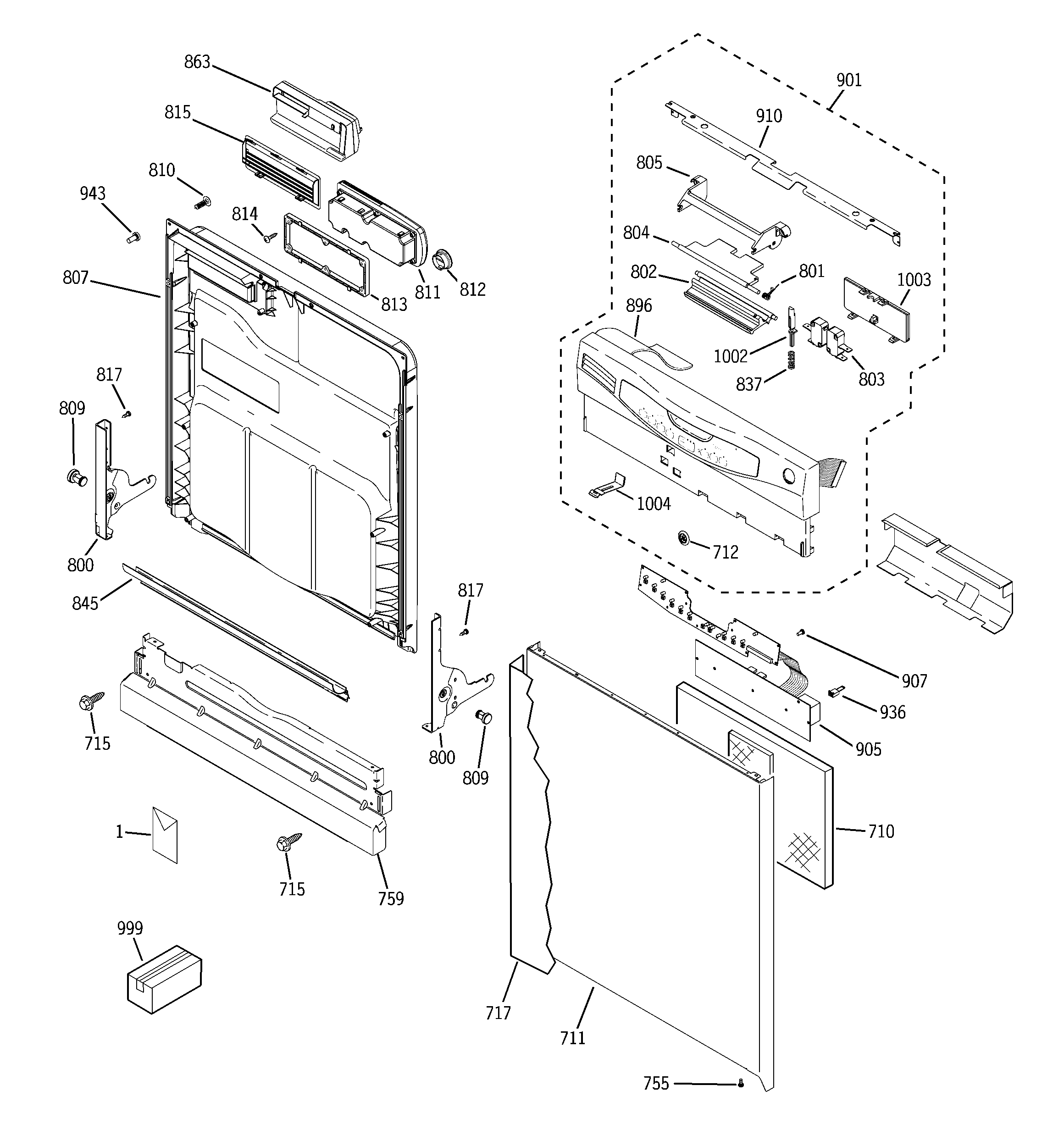 GE EDW5000L15CC escutcheon & door assembly diagram