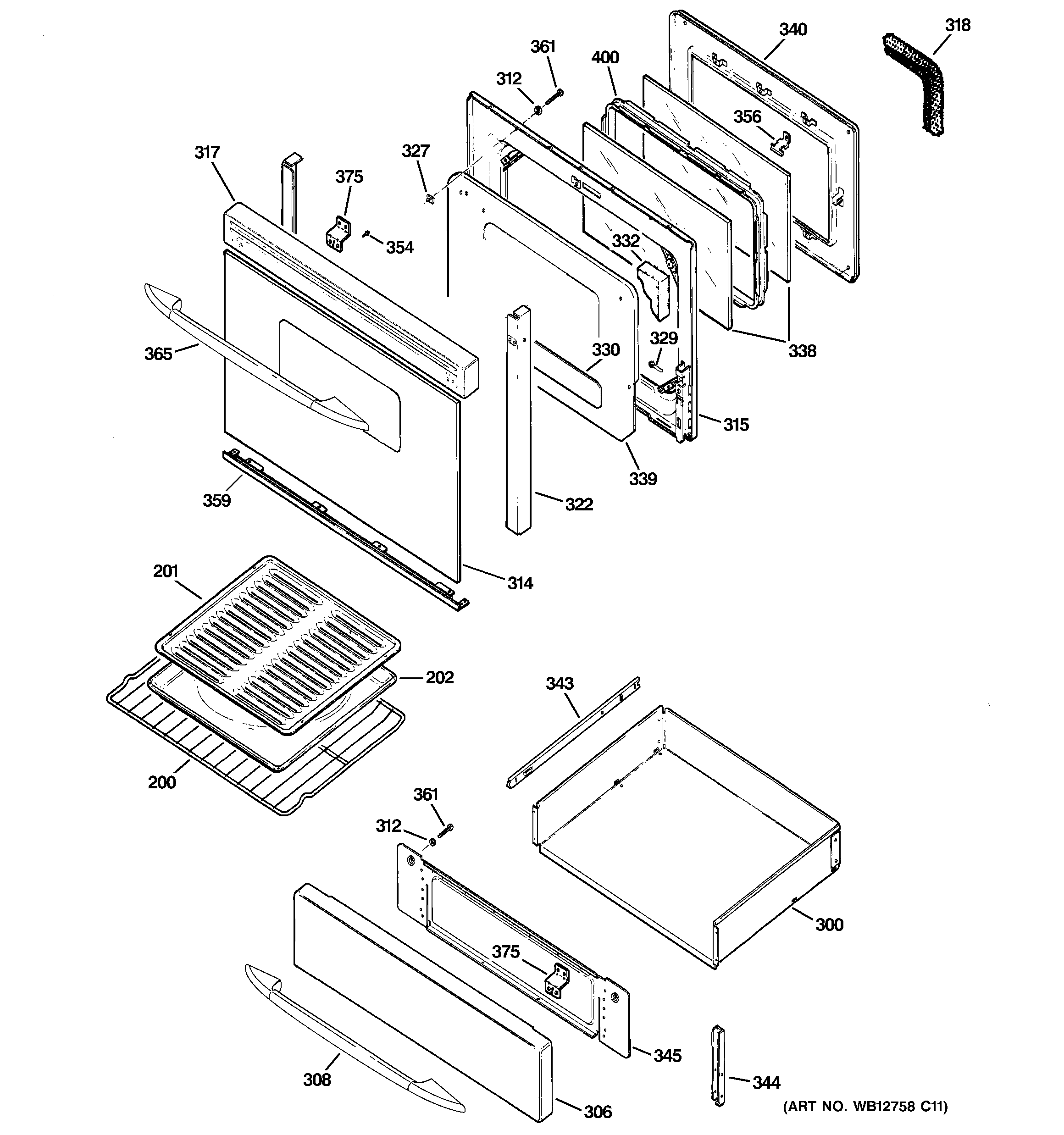 GE JGB900BEK5BB door & drawer parts diagram